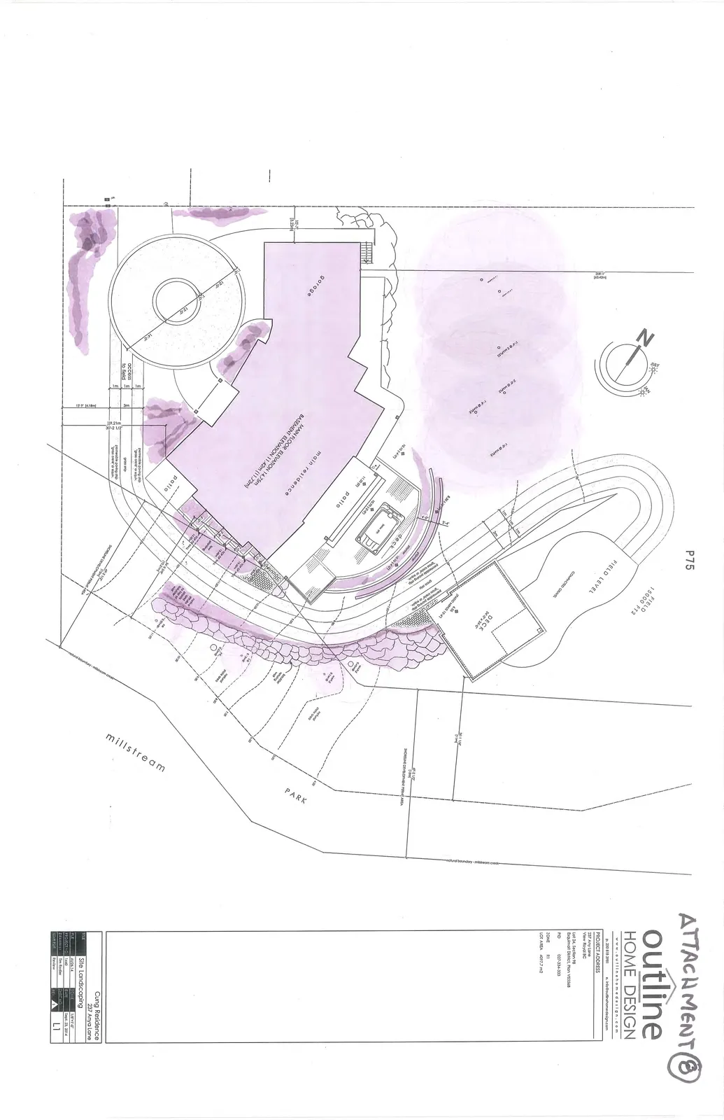 Site Landscaping plan for Cung Residence at 237 Anya Lane showing the main residence, garage, patio, deck, field level, and proximity to Millstream and a park.