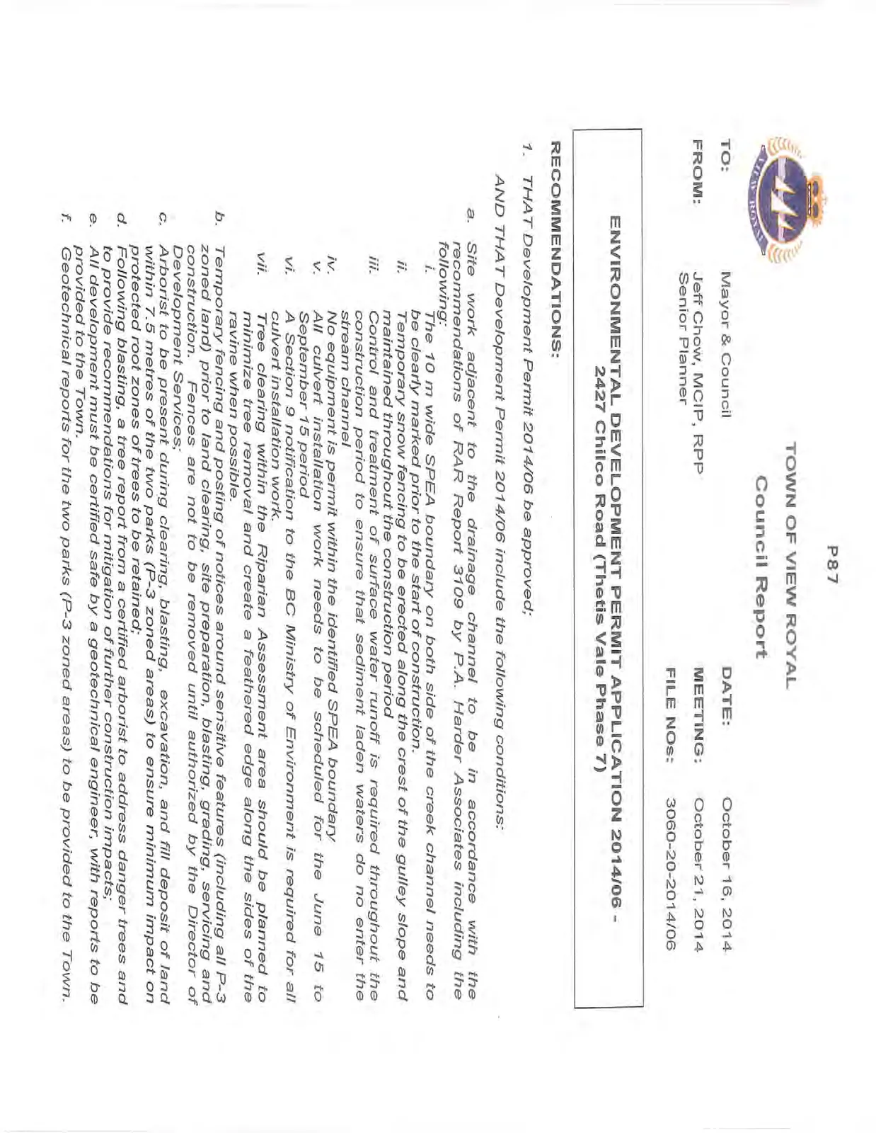 First page of the Council Report detailing the initial section of staff recommendations, conditions a through f.