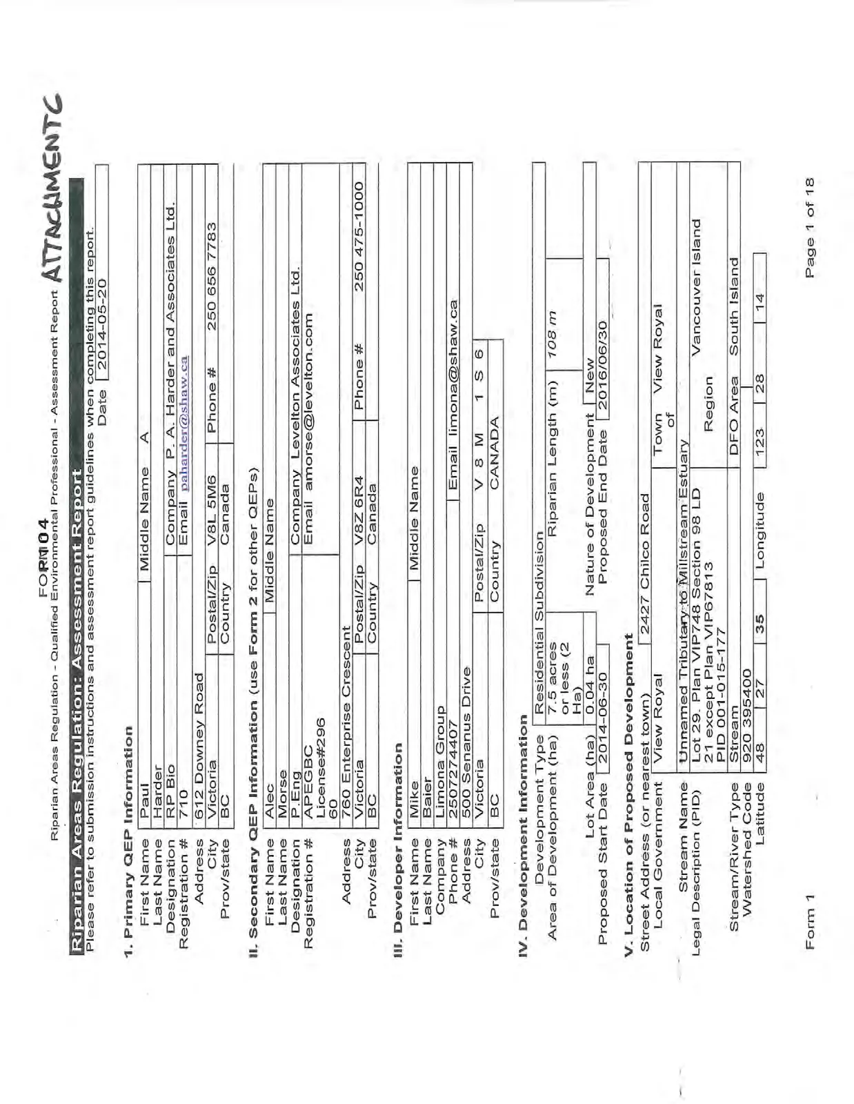 Riparian Areas Regulation: Assessment Report form page 1