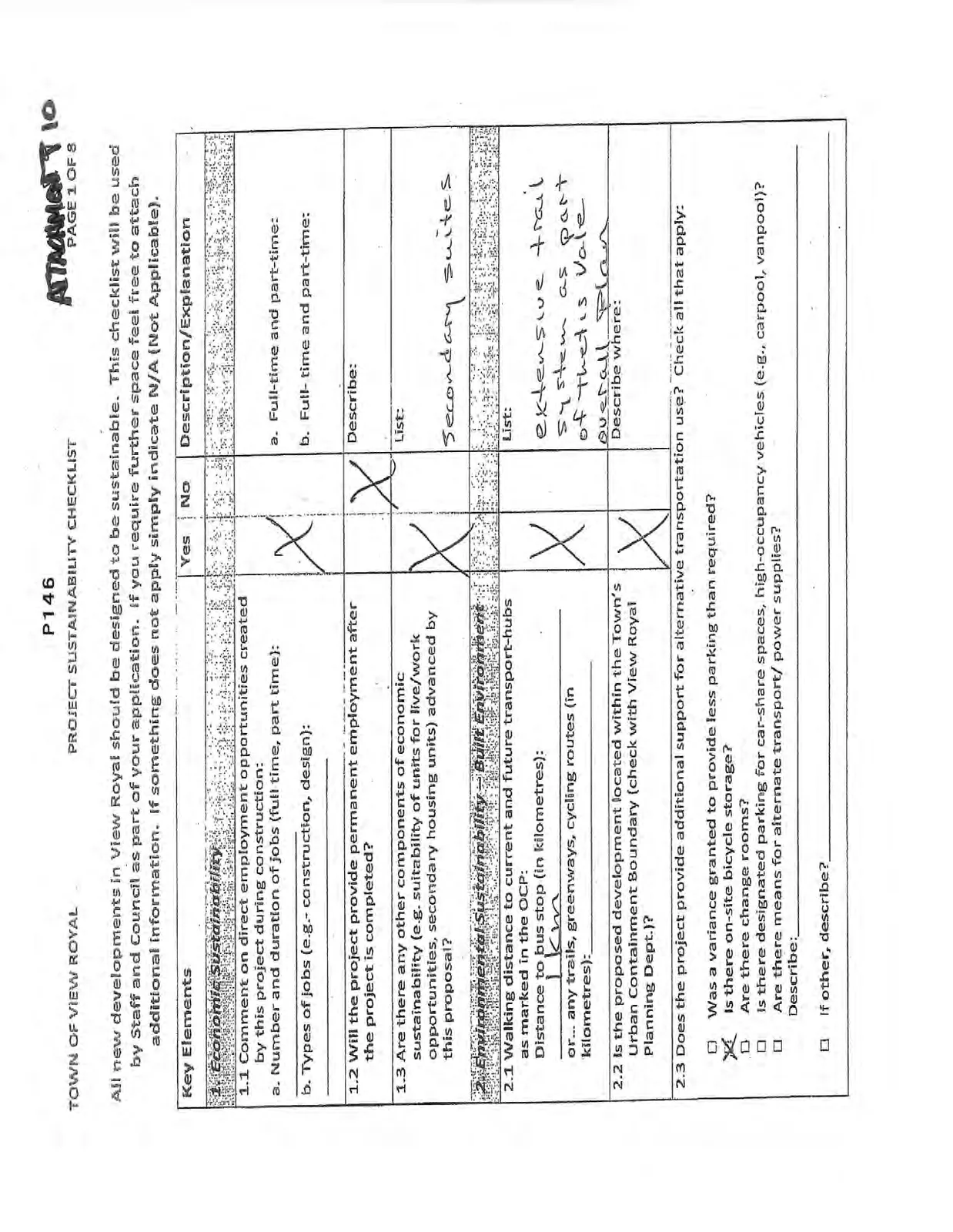 First page of the Project Sustainability Checklist covering Economic Sustainability and parts of Environmental Sustainability - Built Environment.