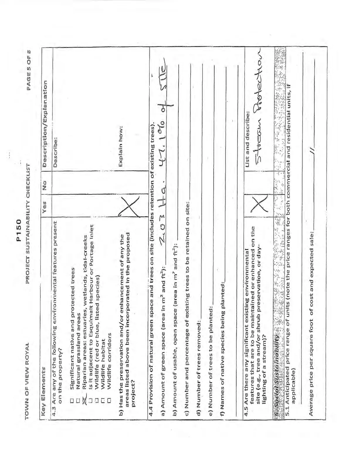 Fifth page of the checklist covering Natural Features, Green Space, and Social Sustainability.
