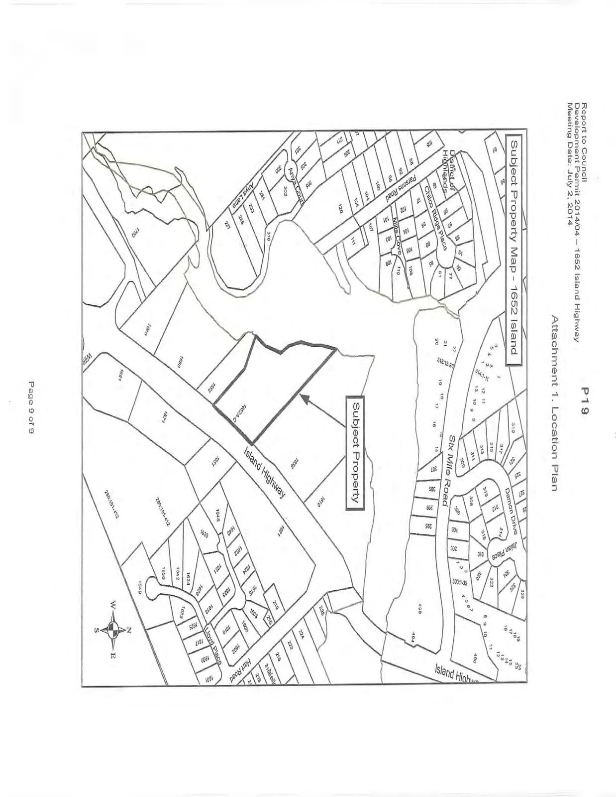 Location plan map titled "Subject Property Map - 1652 Island" highlighting the subject property parcel. The map shows the surrounding area including Island Highway, Six Mile Road, Damon Drive, Jalan Place, Parsons Road, Chilco Ridge Place, Mills Cove, Anya Court, Anya Lane, Hart Road, and Lloyd Place, with individual lot numbers labelled.