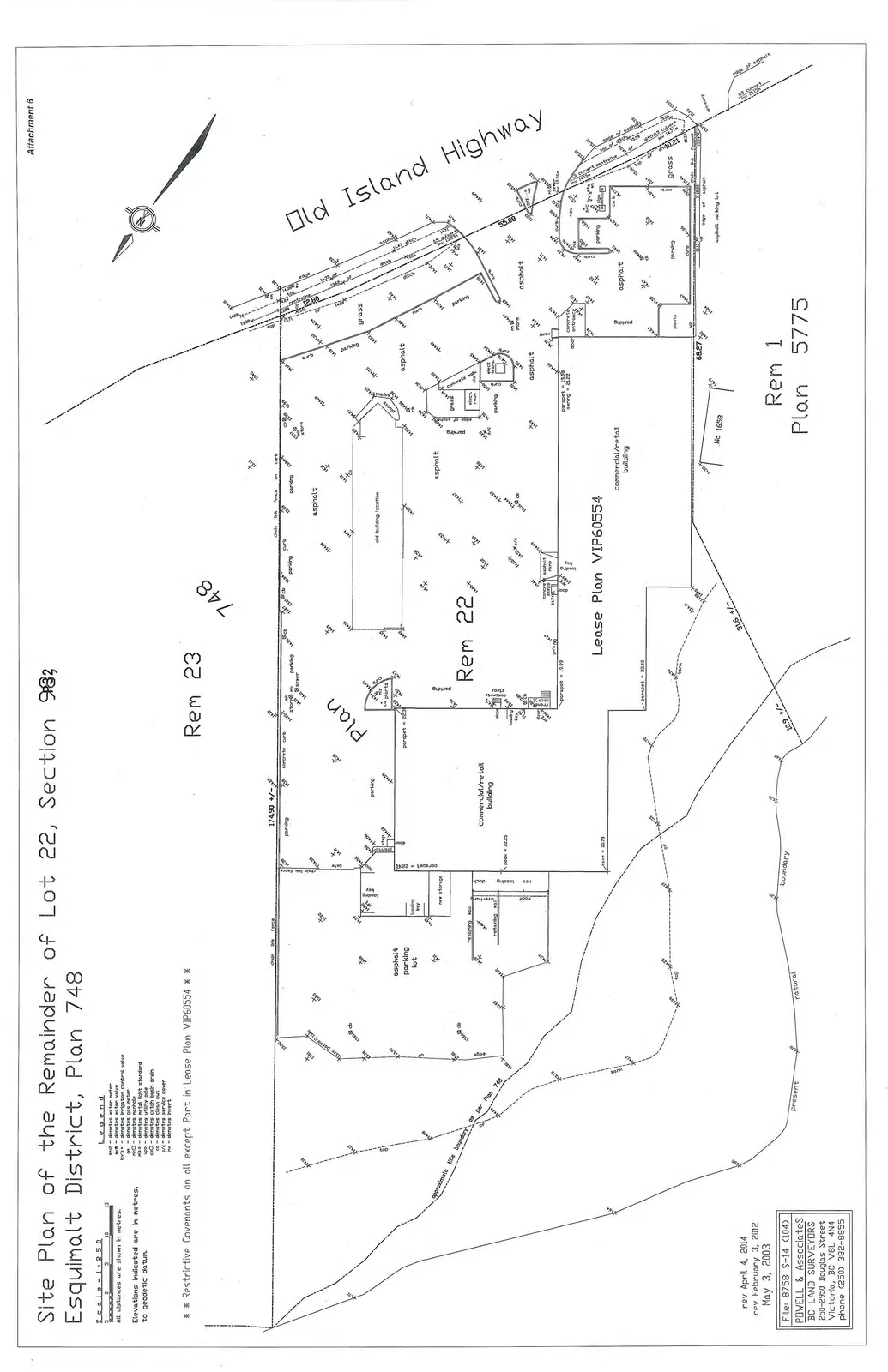 Detailed Site Plan showing Lot 22, Rem 23, Rem 1, and adjacent Old Island Highway, including building footprints, parking areas, and survey measurements.