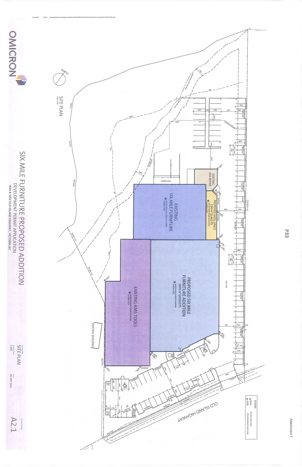 Site plan for the Six Mile Furniture proposed addition showing the layout of existing buildings (Six Mile Furniture, KMS Tools, 4x4 Repair) and proposed new spaces (Shell Space and Furniture Addition). The plan includes parking configurations, site grades, property boundaries, and setbacks relative to Old Island Highway and a natural boundary.