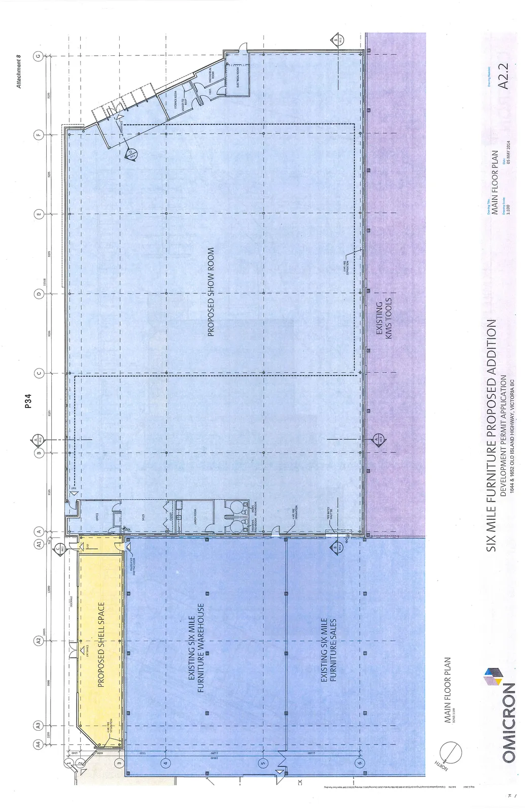Main floor plan architectural drawing showing the existing and proposed spaces for Six Mile Furniture and KMS Tools, including a proposed shell space, warehouse, sales area, and a large showroom with ancillary service rooms.