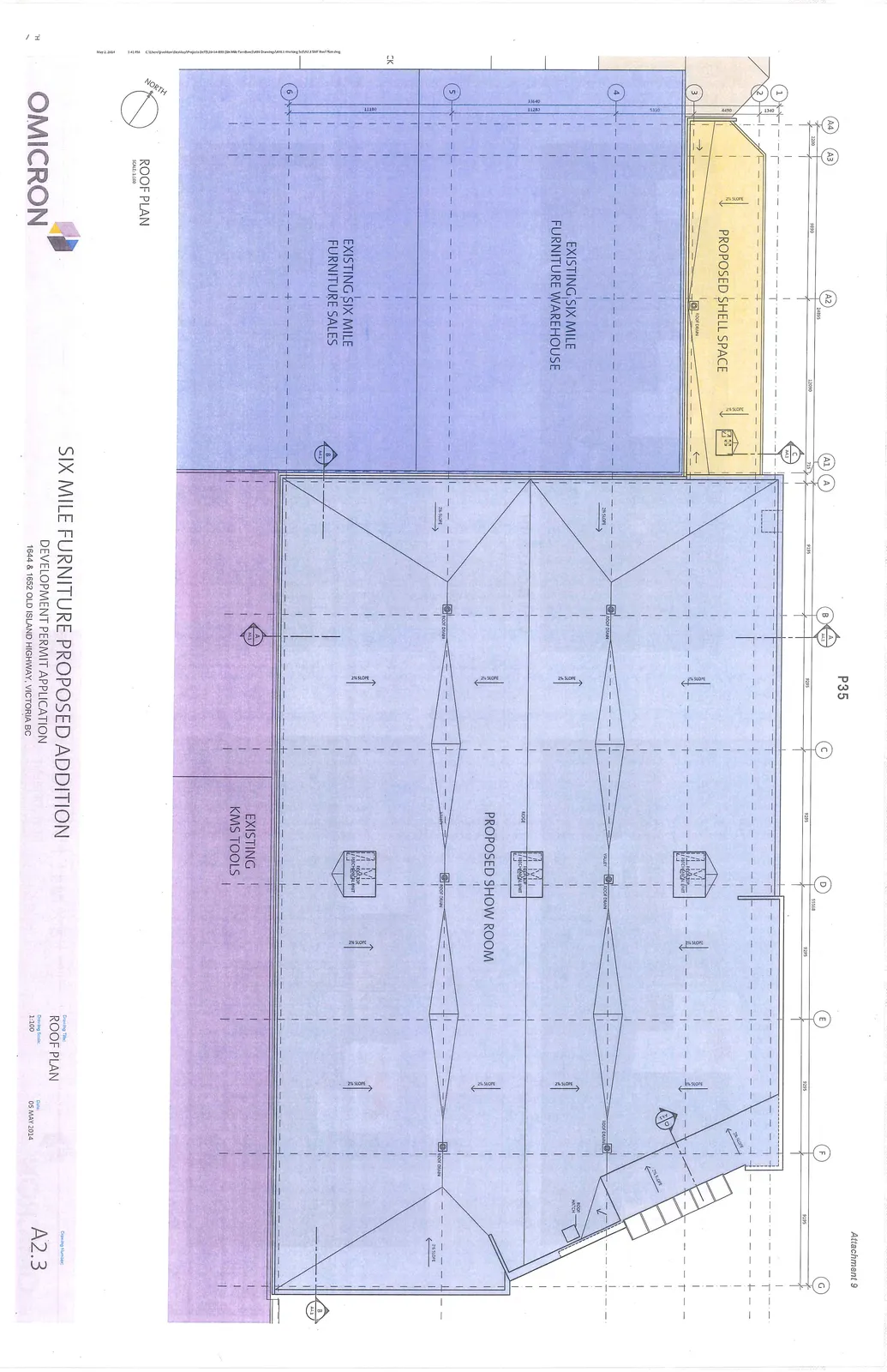 Architectural roof plan for the Six Mile Furniture proposed addition. The plan highlights the following areas: Proposed Shell Space, Existing Six Mile Furniture Warehouse, Existing Six Mile Furniture Sales, Proposed Show Room, and Existing KMS Tools. It includes structural details such as roof slopes (2%), roof drains, mechanical units, ridges, valleys, and a roof hatch, all overlayed on a coordinate grid (A-G, 1-6).