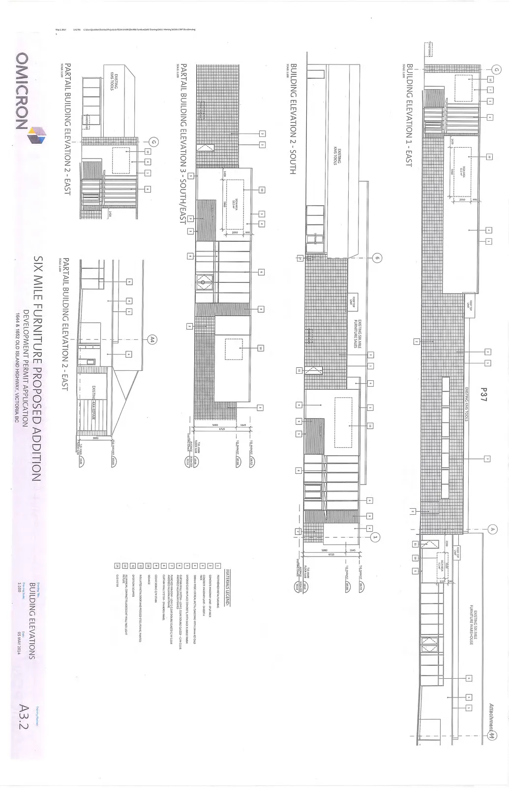 Architectural drawing showing building elevations for the Six Mile Furniture proposed addition.