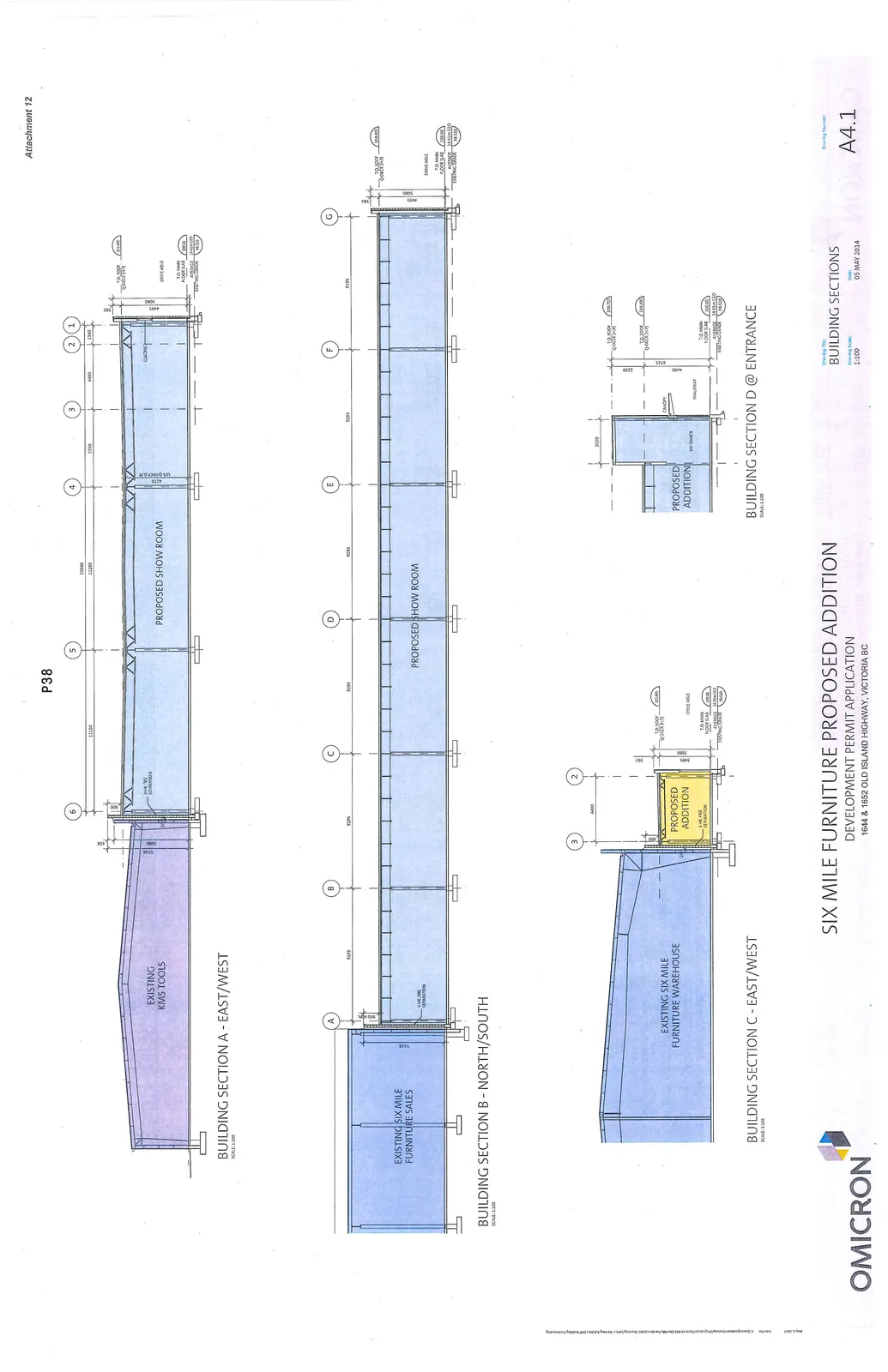 Architectural drawing sheet A4.1 showing four building sections (A, B, C, and D) for the proposed addition and existing buildings.