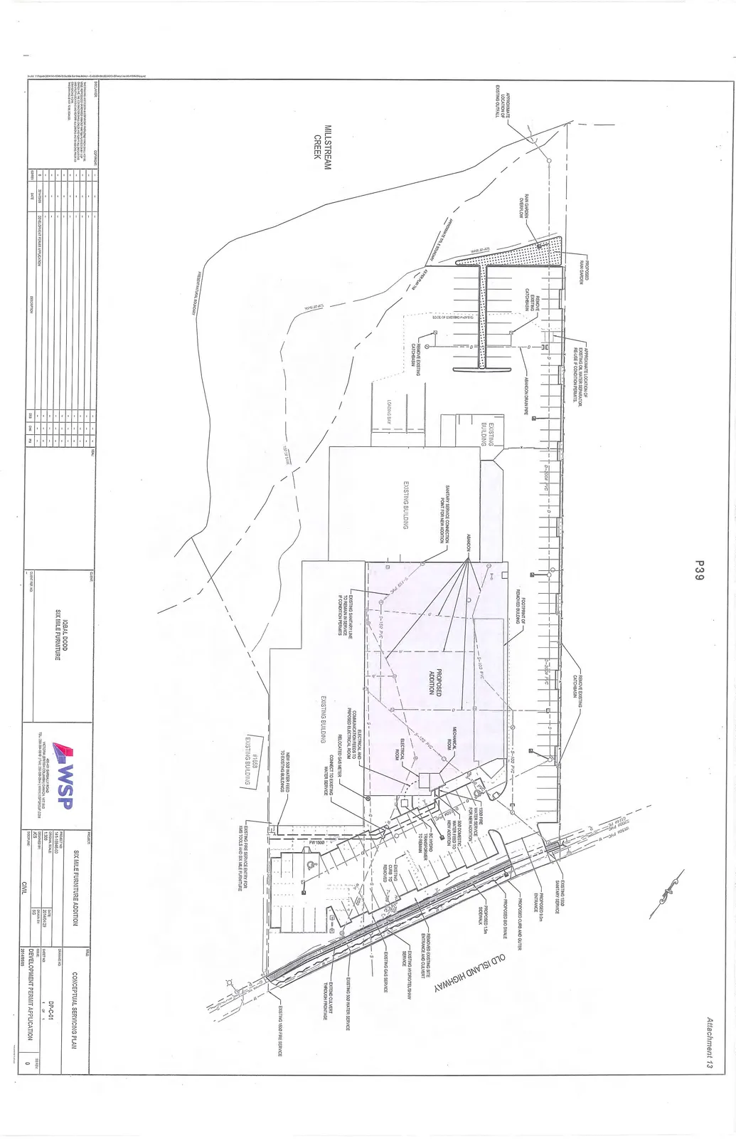 Conceptual servicing plan for the Six Mile Furniture addition, showing existing buildings, a proposed addition, Millstream Creek, and various utility connections near Old Island Highway.