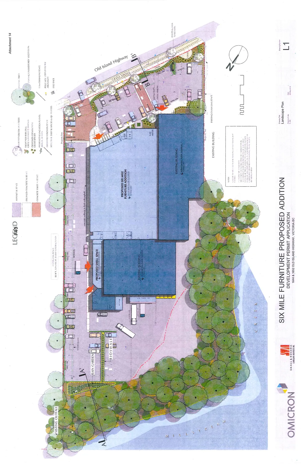 Detailed Landscape Plan for the Six Mile Furniture Proposed Addition, showing building footprints, parking layout, landscaping details, and proximity to Millstream Creek and Old Island Highway.