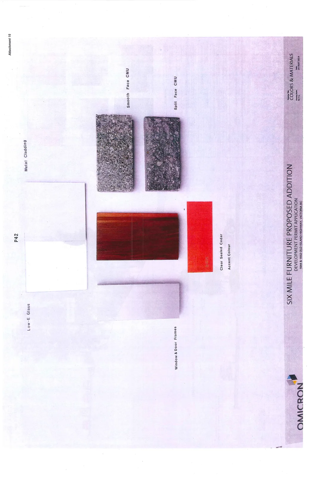 Material sample board showing various finishes and colors for the project