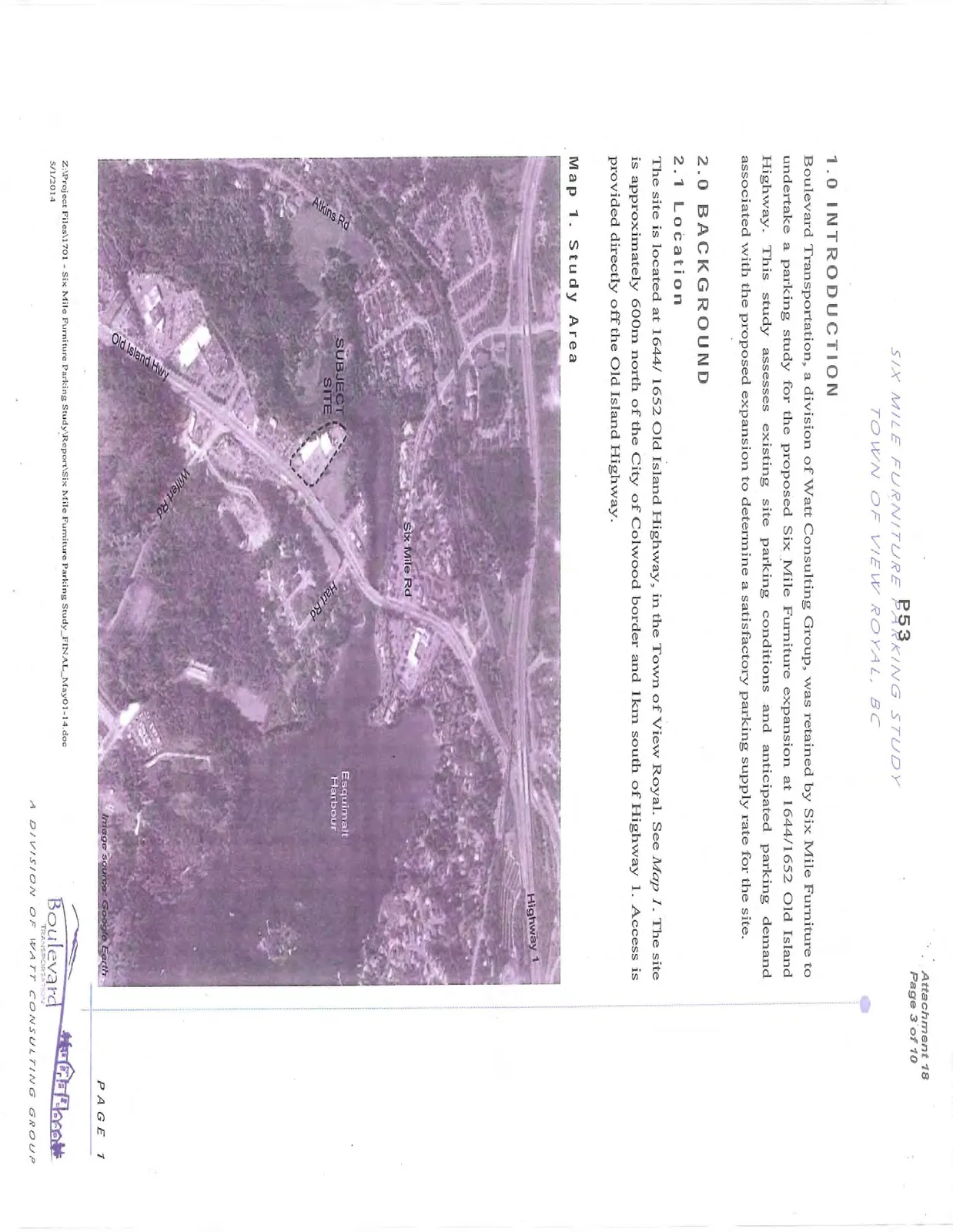 Map 1. Study Area showing the subject site location relative to Old Island Hwy, Six Mile Rd, Esquimalt Harbour, and Highway 1