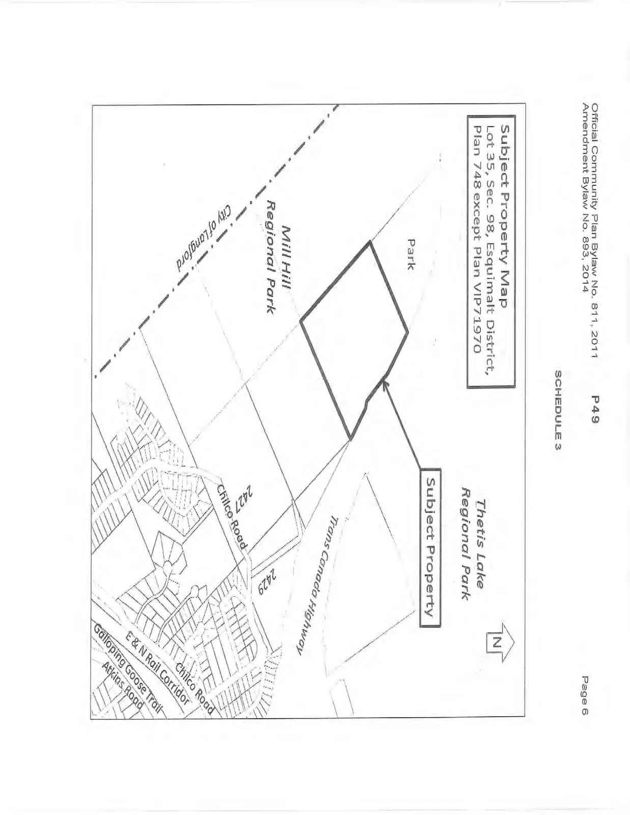 Subject Property Map of Lot 35, Sec. 98, Esquimalt District, Plan 748, showing the property location between Mill Hill Regional Park and Thetis Lake Regional Park.