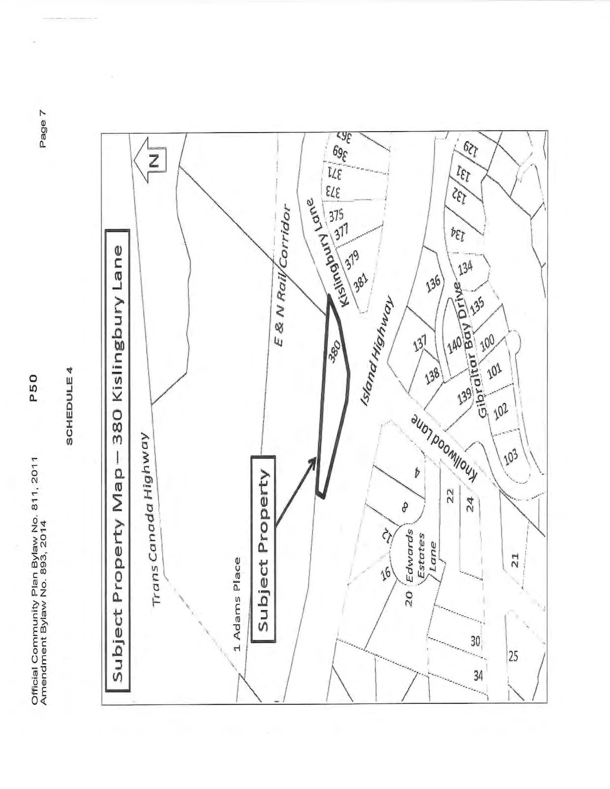 Subject Property Map of 380 Kislingbury Lane showing the property location between the E & N Rail Corridor and the Island Highway.