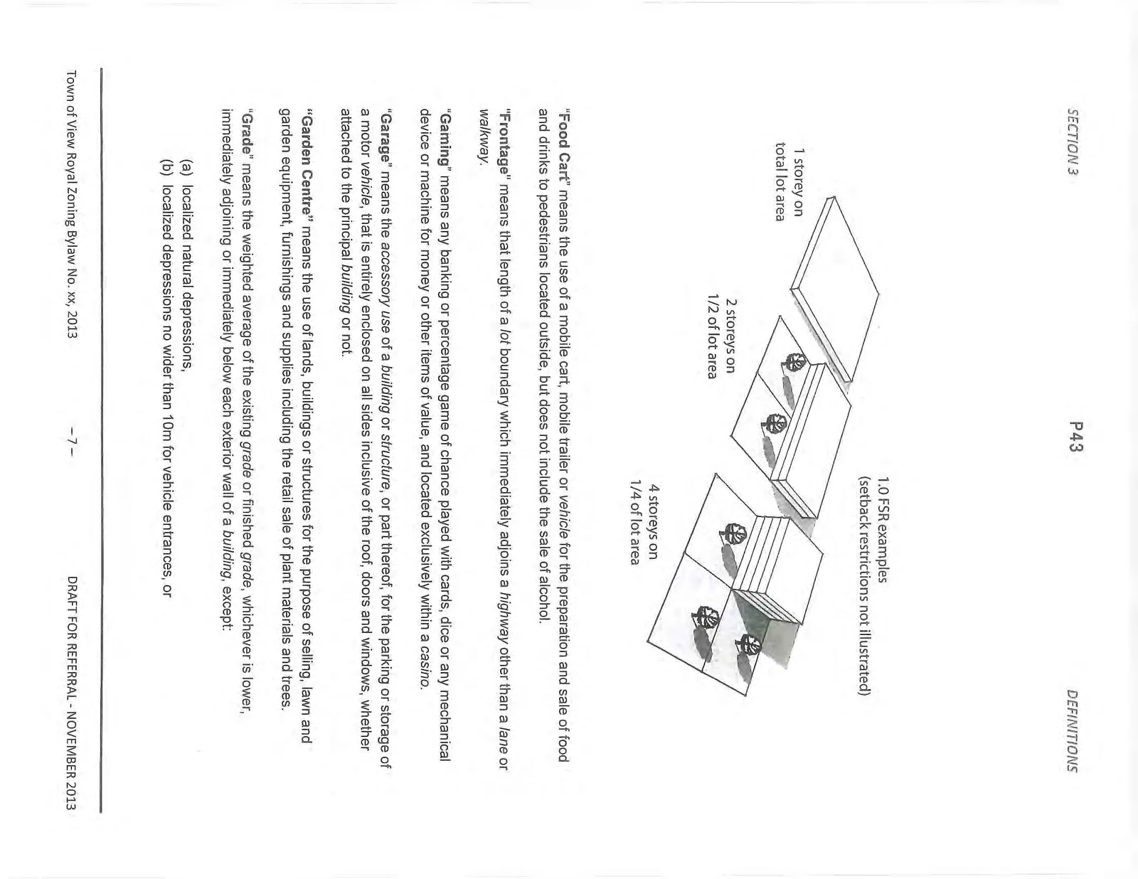 Diagram showing Floor Space Ratio (FSR) examples: a 1 storey building covering the total lot area; a 2 storey building covering 1/2 of the lot area; and a 4 storey building covering 1/4 of the lot area. All representing 1.0 FSR.