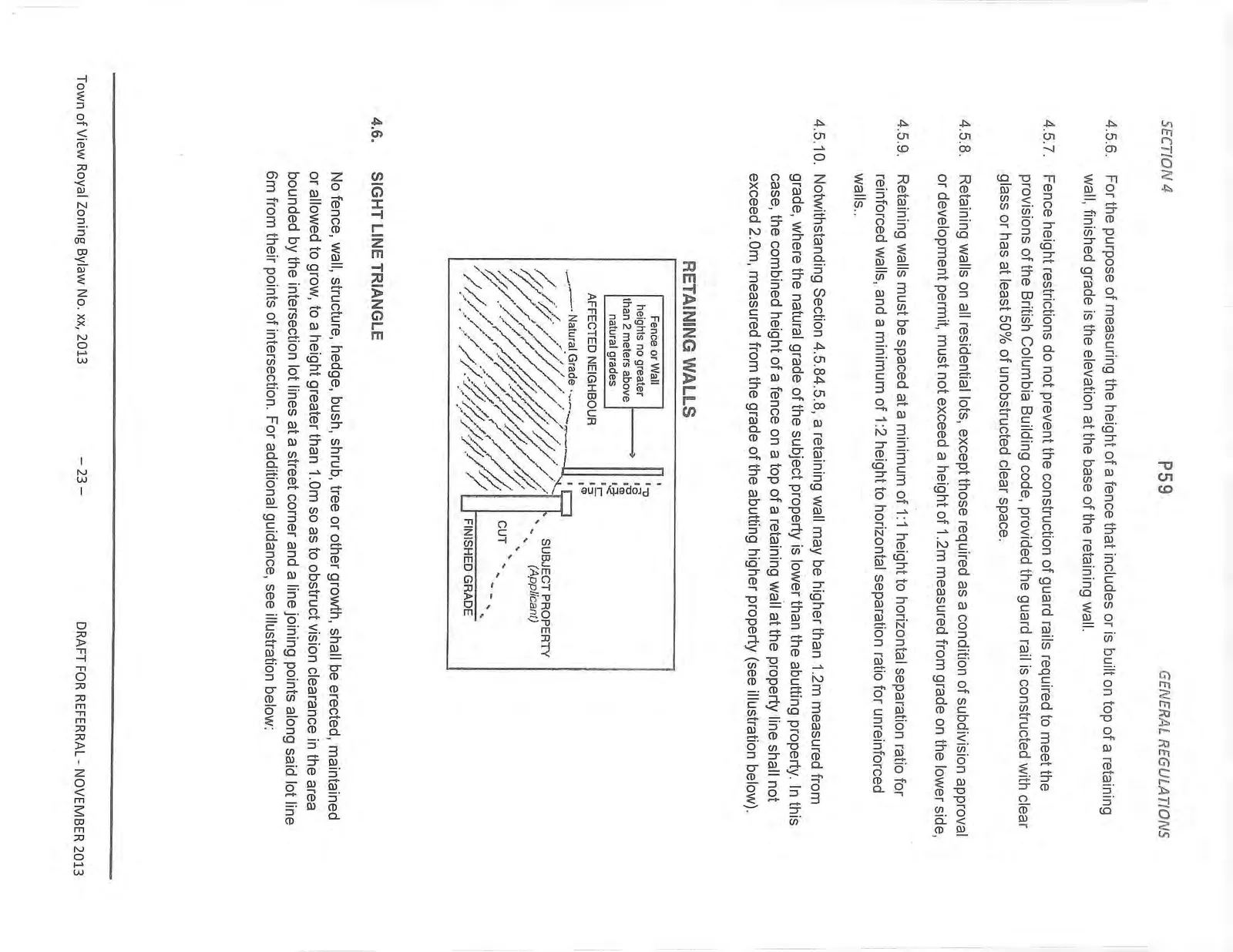 Diagram illustrating RETAINING WALLS and their height measurement relative to natural and finished grade.