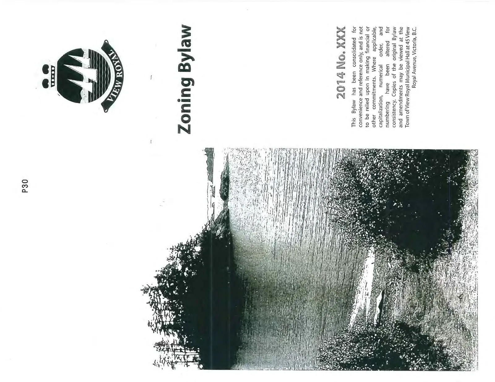 Title page for View Royal Zoning Bylaw 2014 No. XXX featuring a black and white photograph of a coastal landscape with a small island.