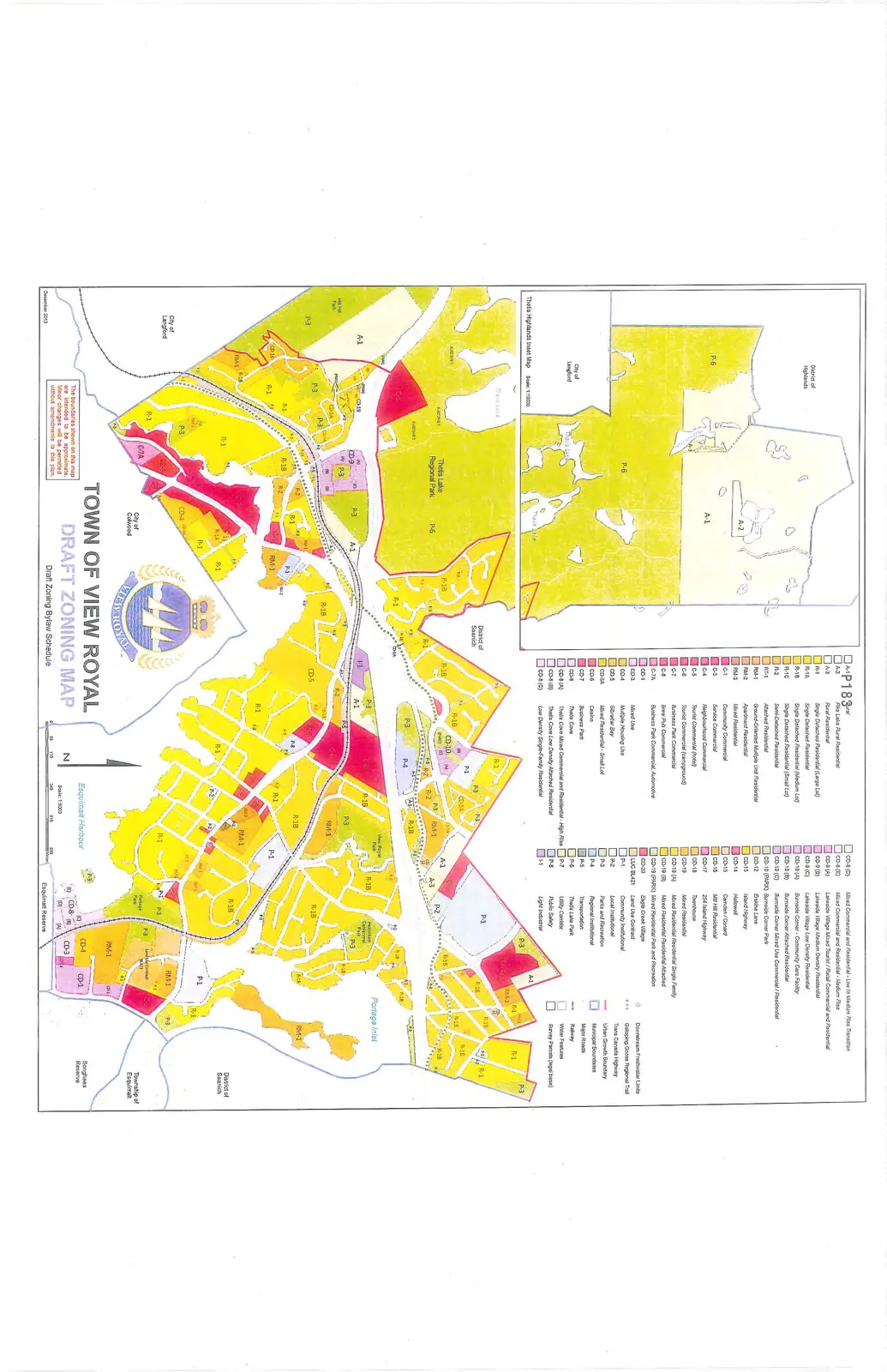 Draft Zoning Map of the Town of View Royal showing various zoning districts, municipal boundaries, and geographic features like Thetis Lake Regional Park, Mill Hill Regional Park, and Portage Inlet.