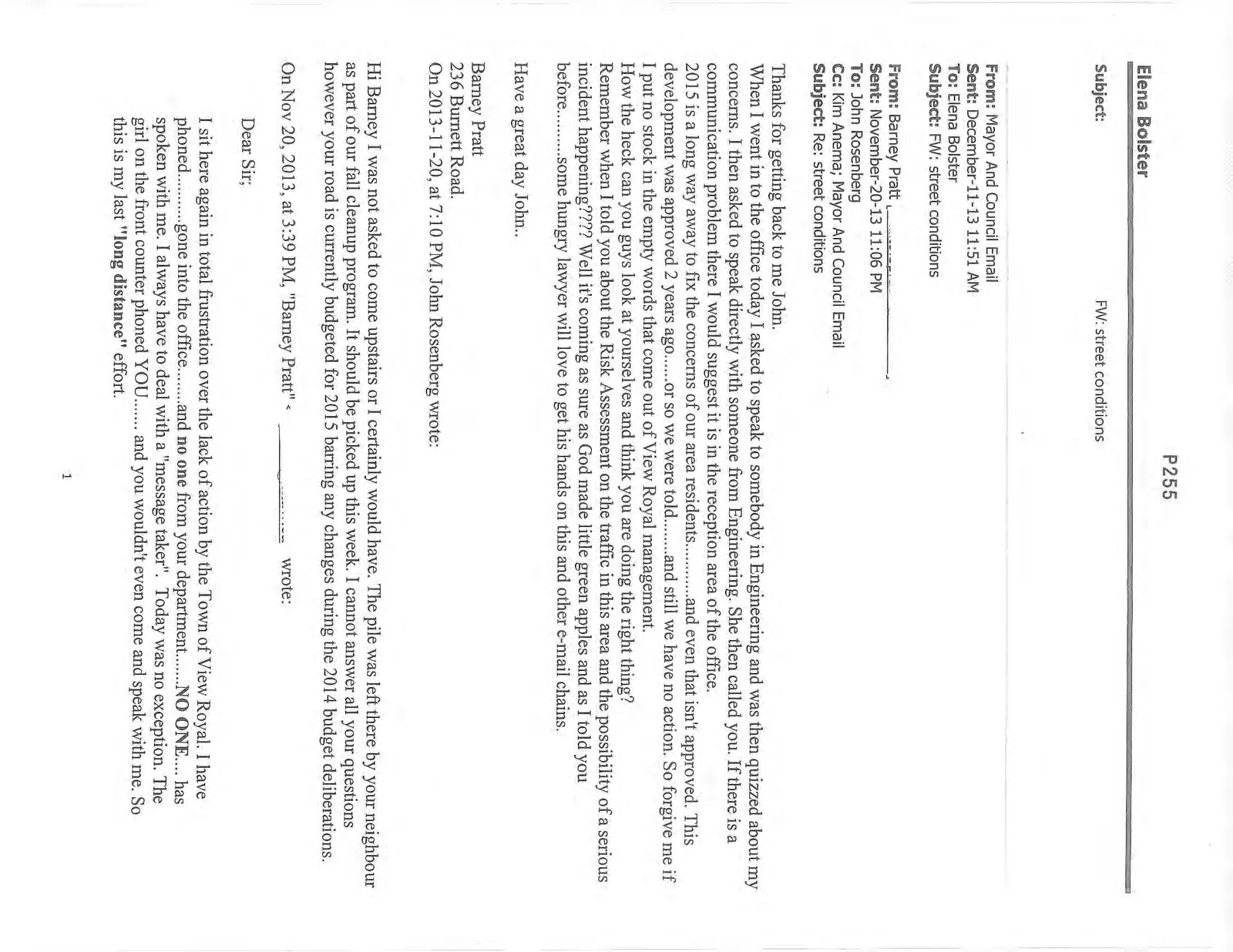 Email correspondence dated December 11, 2013, regarding street conditions on Burnett Road
