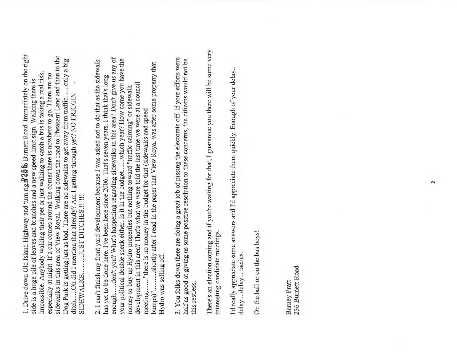 Continuation of correspondence from Barney Pratt detailing specific concerns with Burnett Road