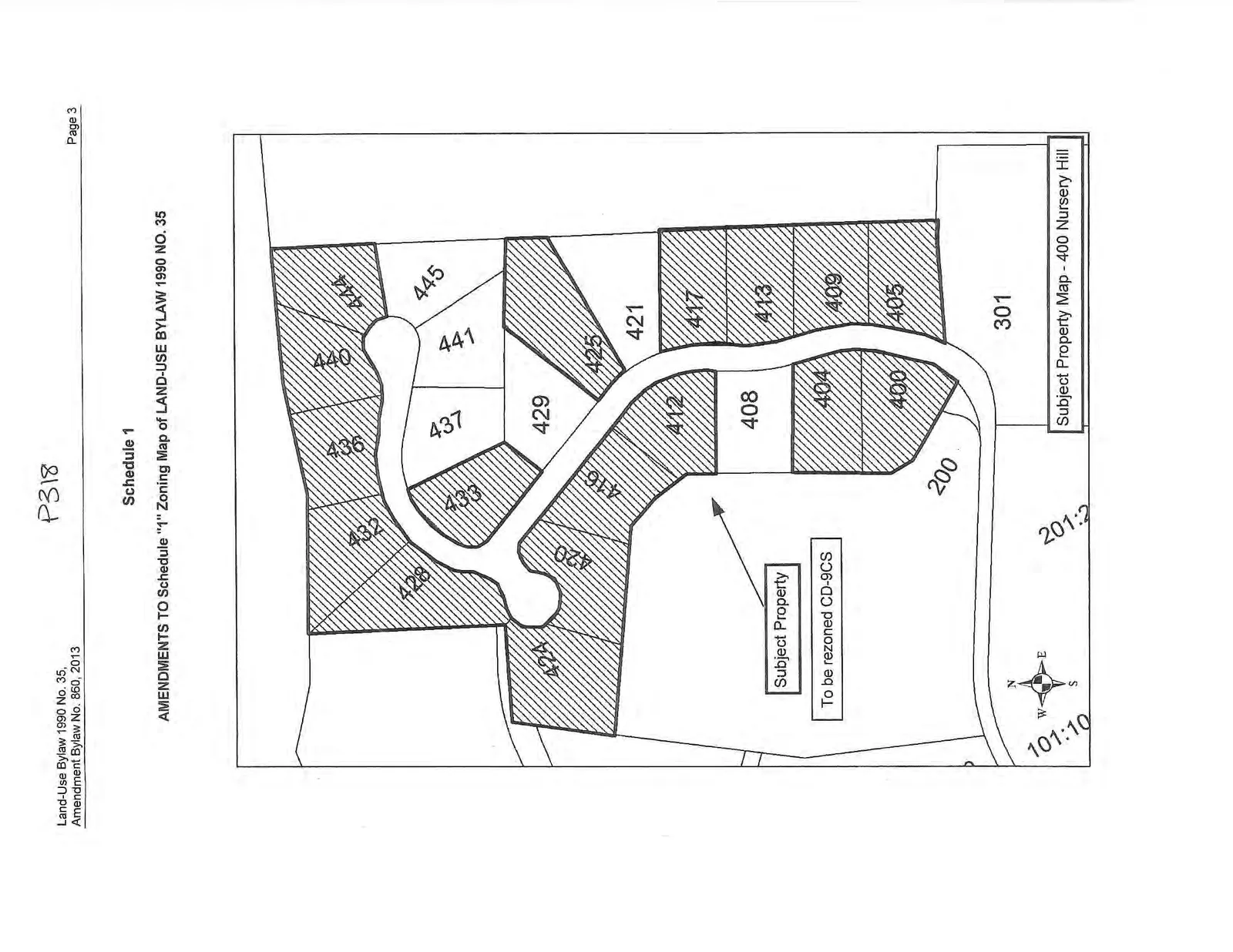 Subject Property Map - 400 Nursery Hill showing lots outlined and hatched to be rezoned CD-9CS