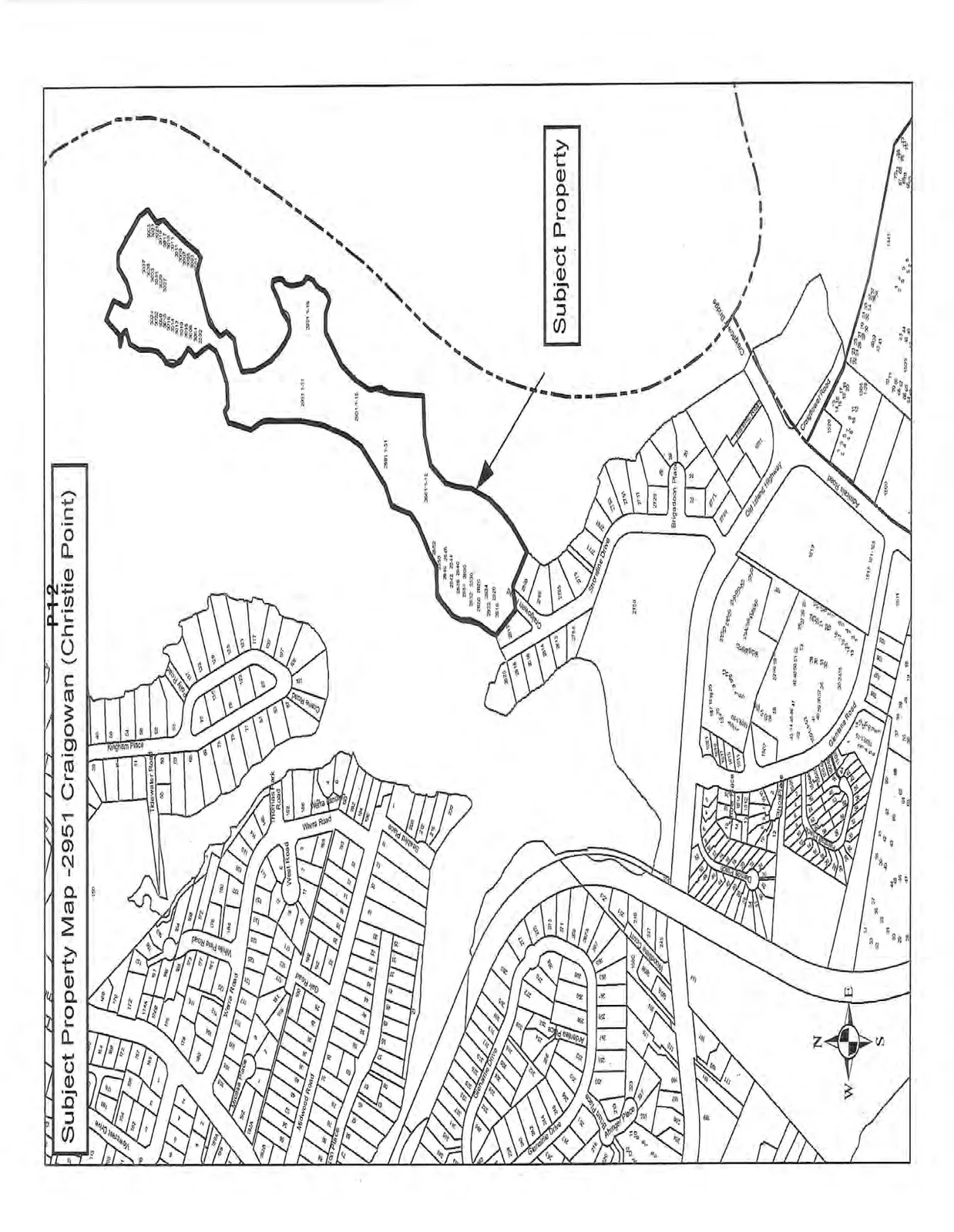 Map of 2951 Craigowan (Christie Point) showing the subject property located on a peninsula, with an arrow pointing to the land mass. Surrounding streets include Craigowan Road, Shoreline Drive, Old Island Highway, Brigadoon Place, Tidewater Road, West Road, and Admirals Road.