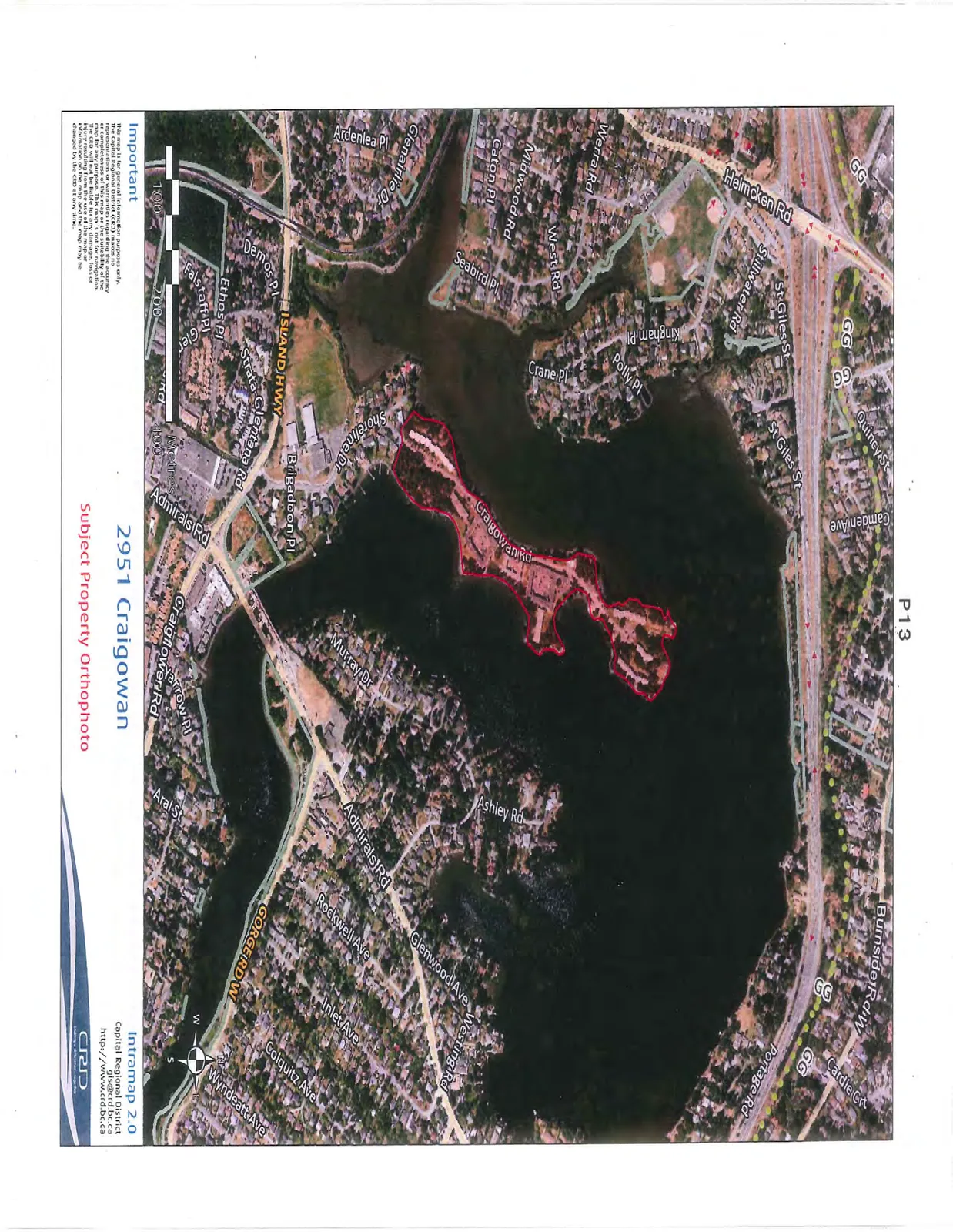 Orthophoto map showing a peninsula property outlined in red, identified as 2951 Craigowan. The map includes street labels such as Craigowan Rd, Shoreline Dr, Island Hwy, Admirals Rd, and Gorge Rd W, along with a scale and compass rose.
