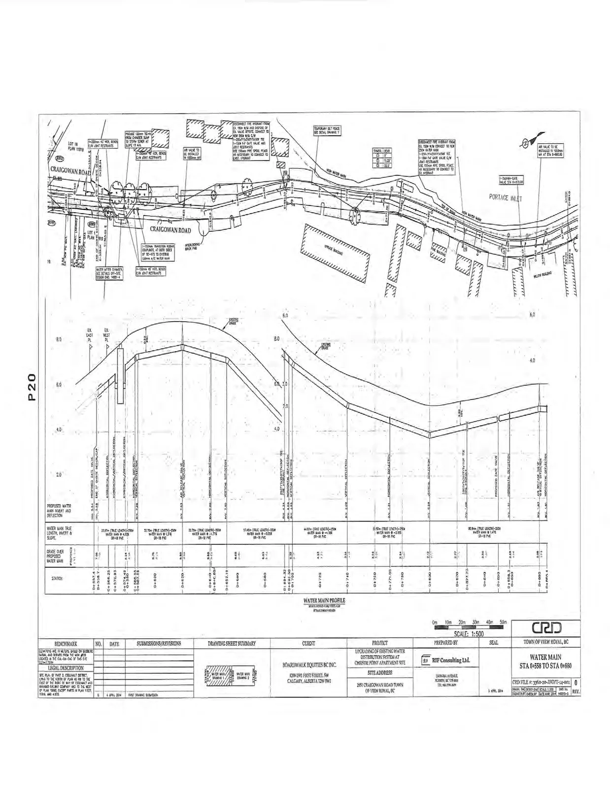 Plan and profile view for the water main between station 0+558 and 0+880