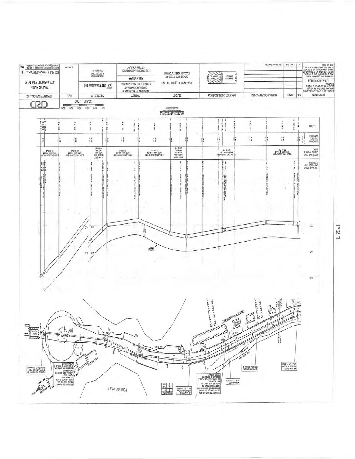 Plan and profile view for the water main between station 0+880 and 1+180