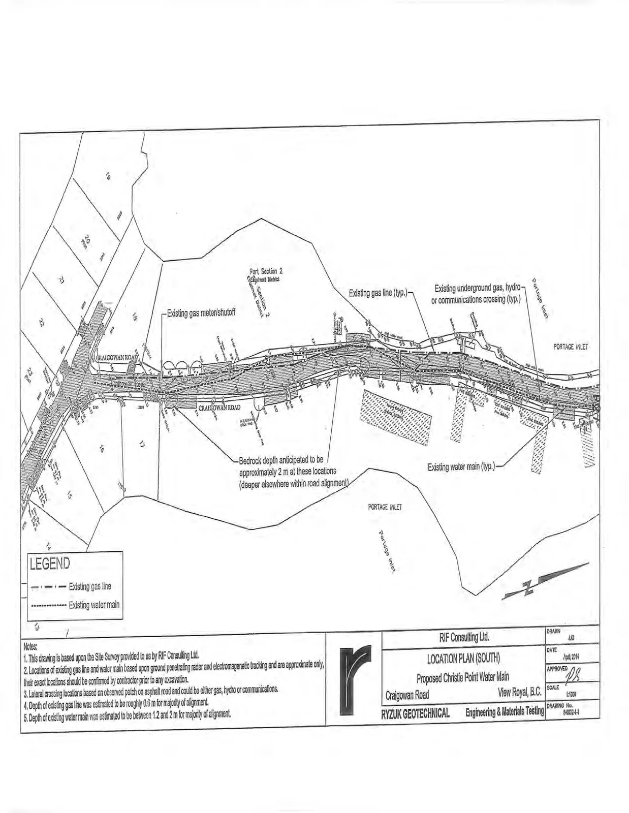 Location plan (South) showing the southern portion of Craigowan Road with marked existing utility lines and bedrock depth information.