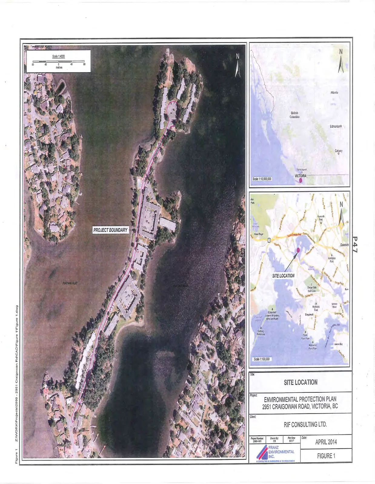 Site Location map series. Includes a regional map of Western Canada, a city-level map of Victoria identifying the site location, and a large-scale aerial photograph showing the project boundary at 2951 Craigowan Road situated along Portage Inlet.
