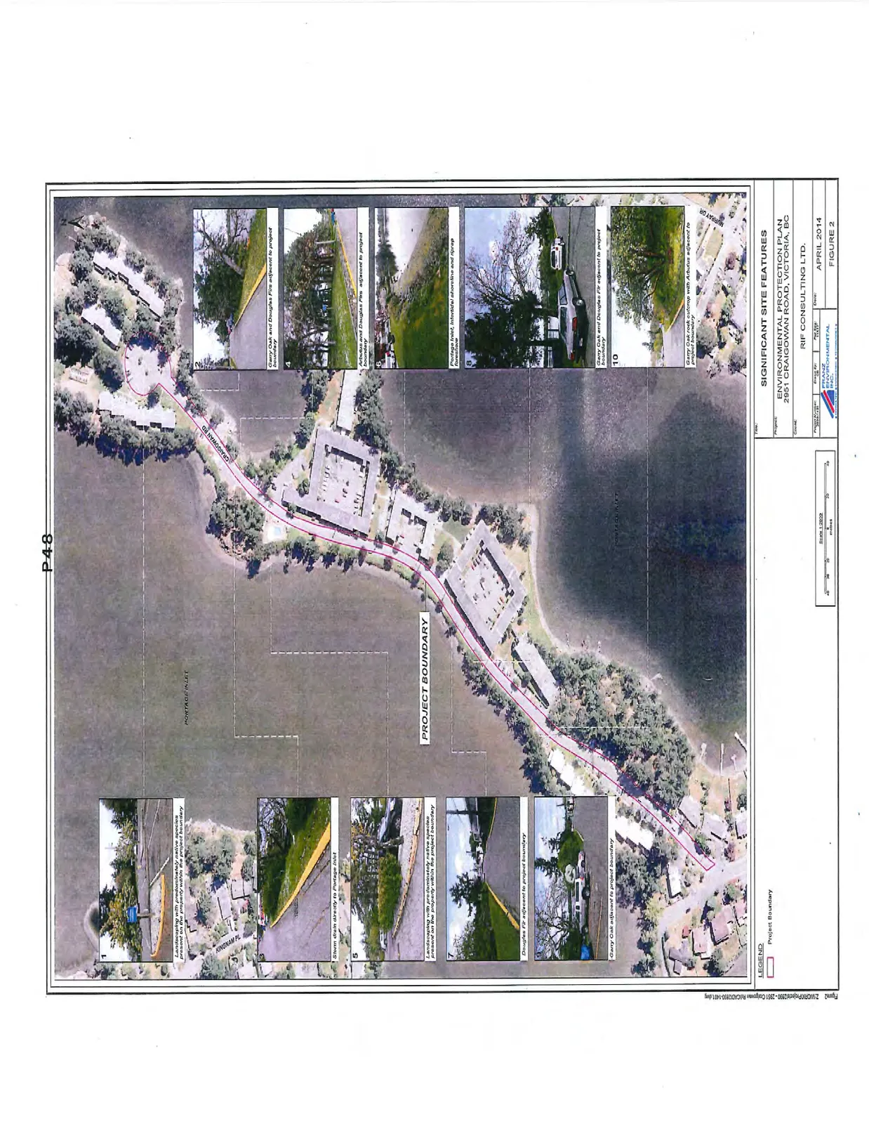 Aerial photograph of the project site on Portage Inlet with the project boundary delineated in red. The figure includes ten inset site photographs keyed to specific locations around the property.