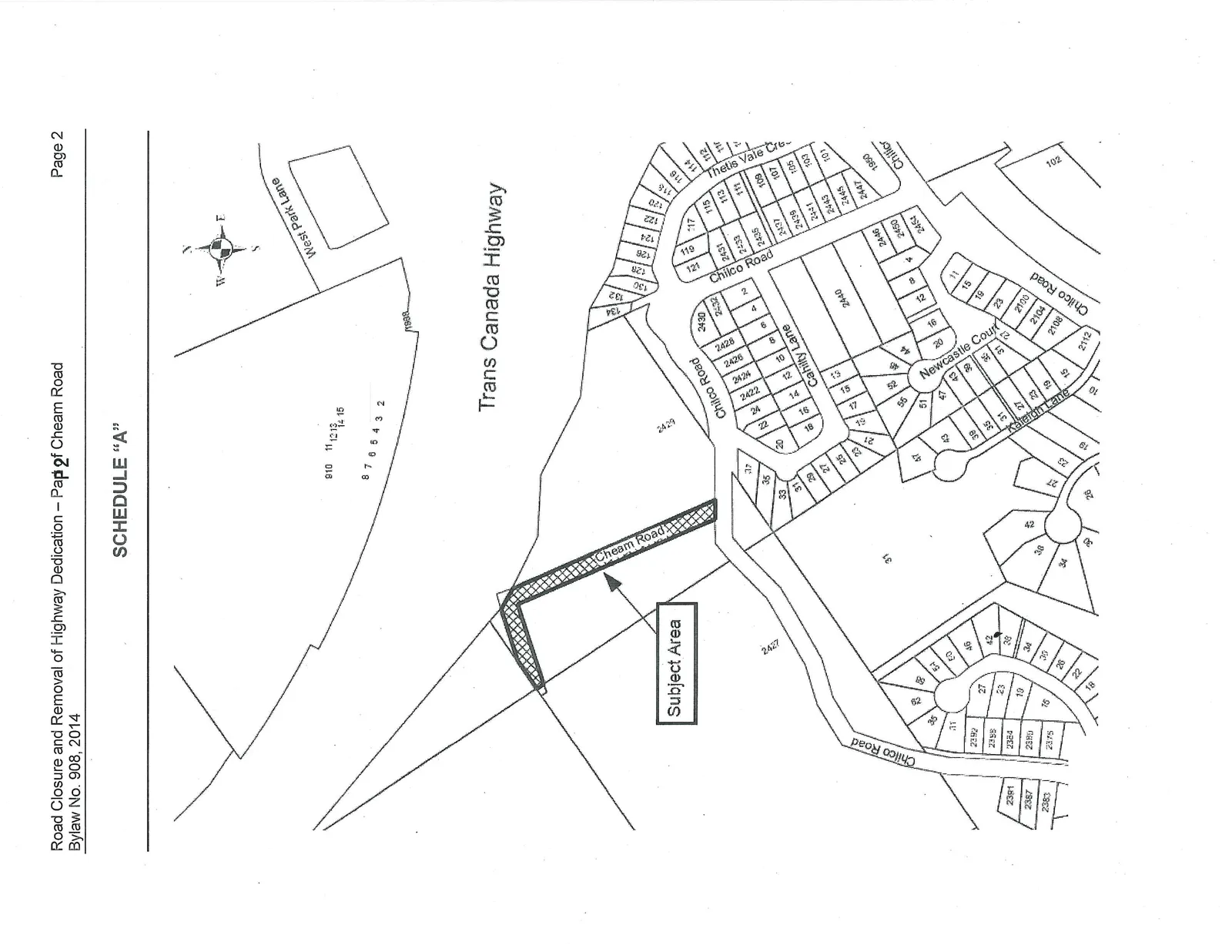 A map showing the "Subject Area" for the road closure and removal of highway dedication for part of Cheam Road. The map highlights a hatched section of Cheam Road as the Subject Area, situated near the Trans Canada Highway and surrounding residential streets including Chilco Road, Cahilty Lane, Newcastle Court, Raleigh Lane, and West Park Lane.