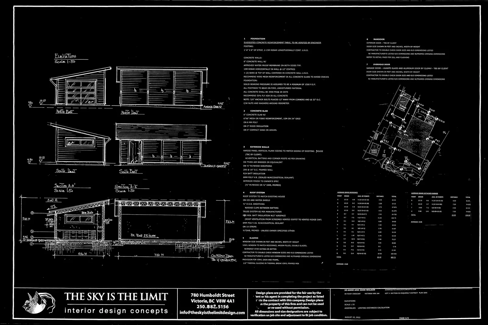 Architectural elevation drawings showing North East, North West, South West, and South East views of the proposed building.