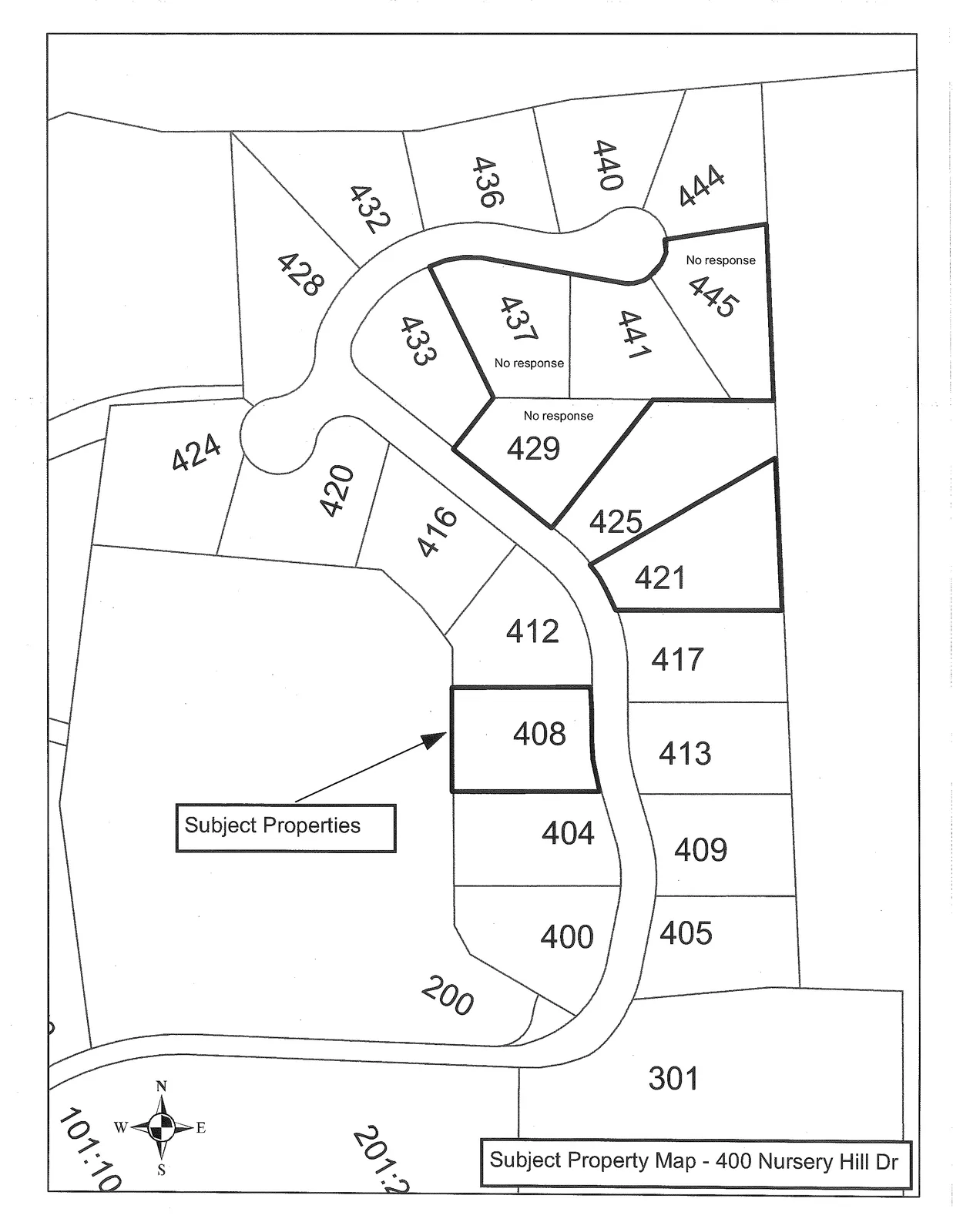 Map showing a residential subdivision layout with numbered lots. Lot 408 is outlined with a bold border and identified with an arrow as "Subject Properties". Other lot numbers visible include 200, 301, 400, 404, 405, 409, 412, 413, 416, 417, 420, 421, 424, 425, 428, 429, 432, 433, 436, 437, 440, 441, 444, and 445. Lots 429, 437, and 445 are marked with the text "No response". A compass rose is located at the bottom left of the map.
