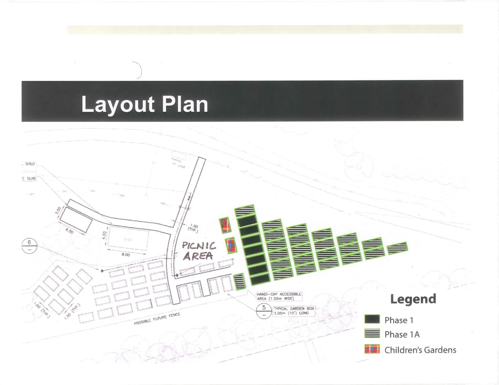 Detailed site layout plan showing garden areas, structures, and phases of development.