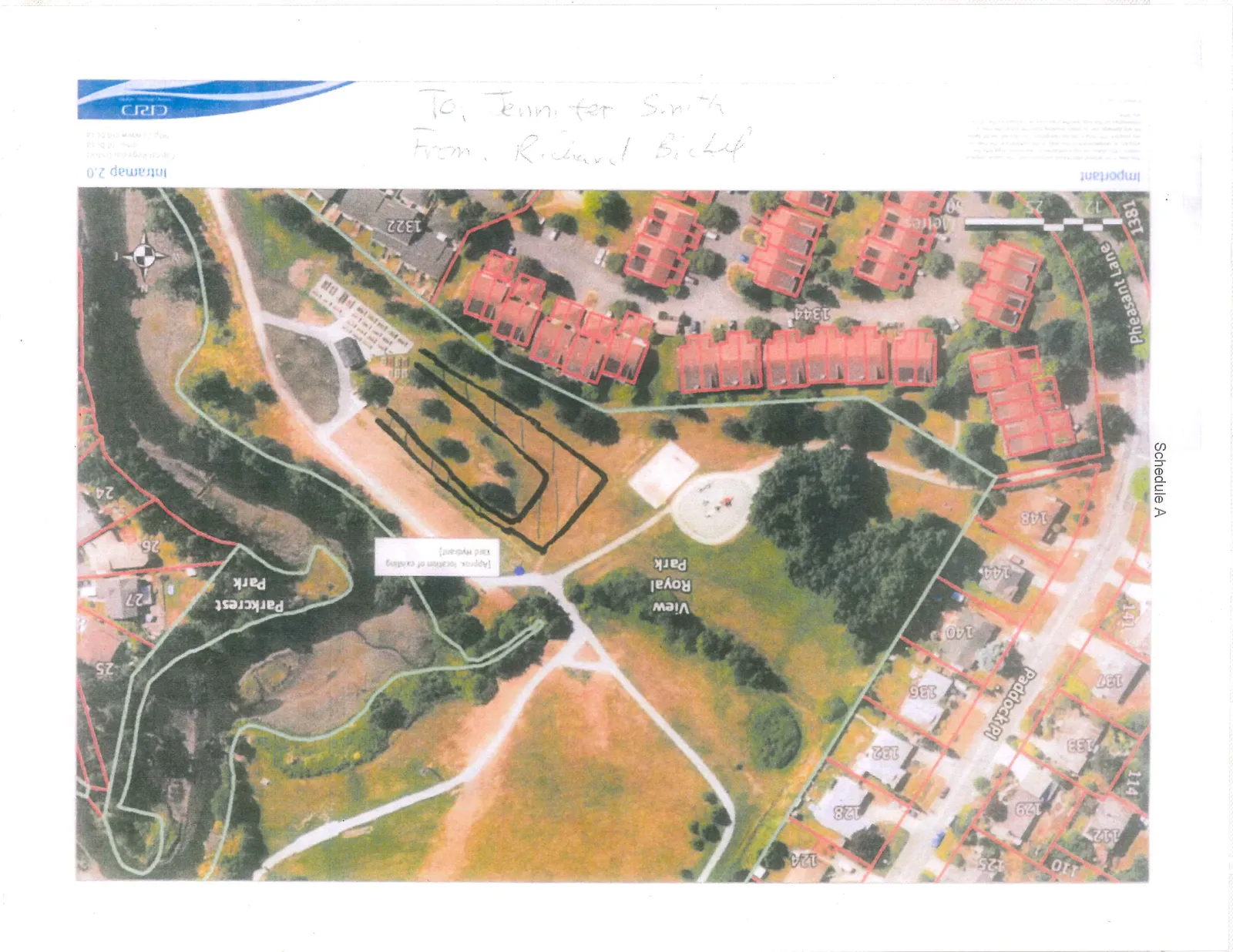 Aerial map of View Royal Park and Parkcrest Park, featuring property boundaries, street names, and building addresses. A black-ink hand-drawn diagram of a proposed site plan is overlaid on the open grass area of View Royal Park.