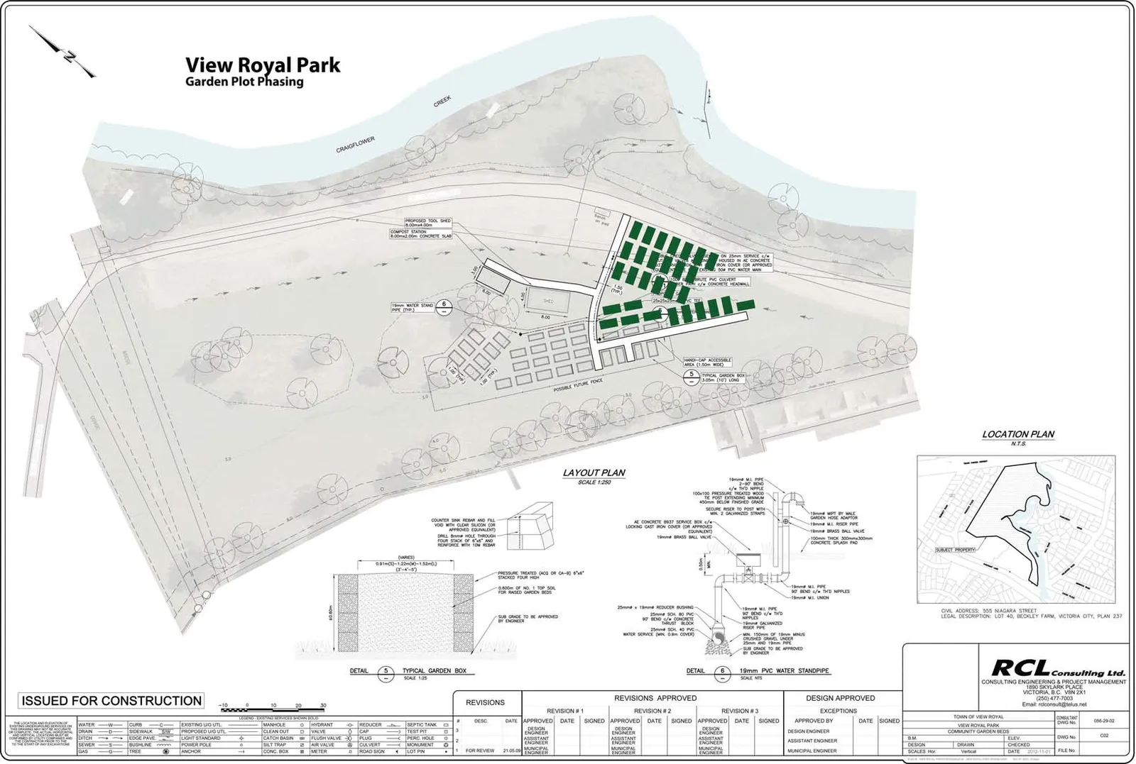 Layout Plan showing garden plot phasing, community garden infrastructure, and proximity to Craigflower Creek
