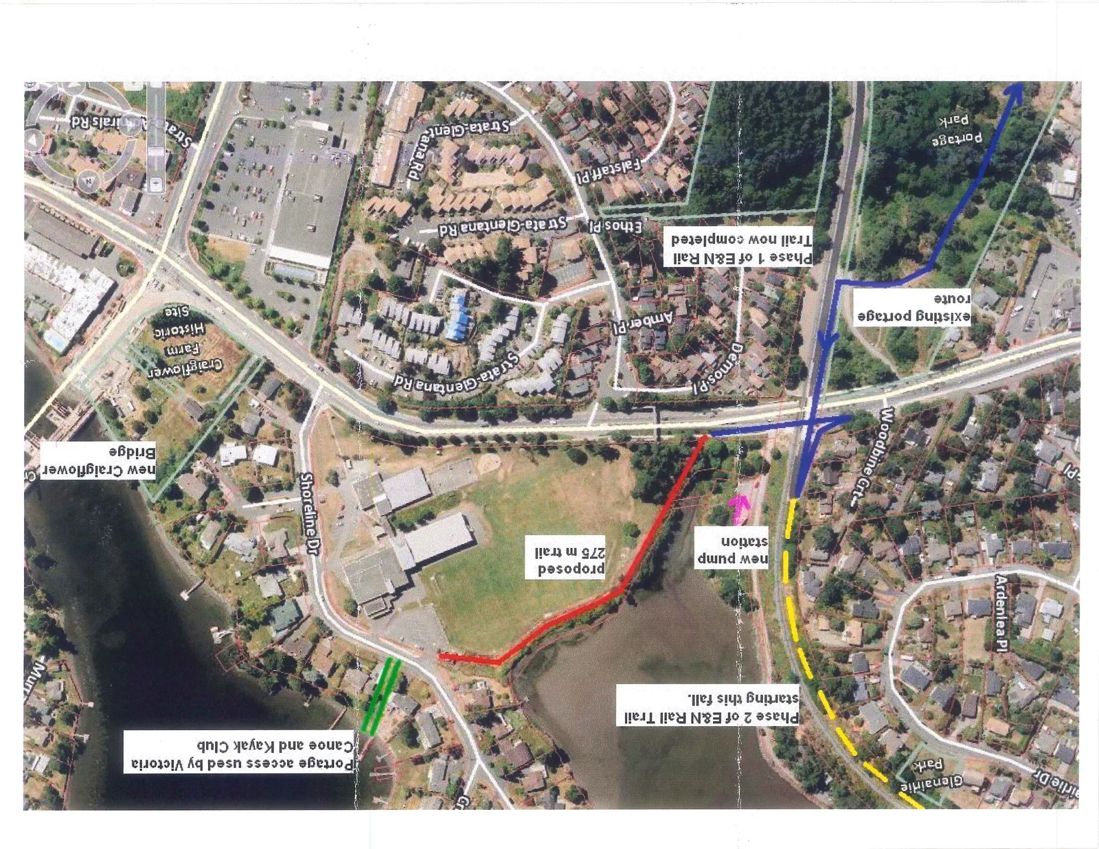 Aerial map showing the E&N Rail Trail phases, proposed trail extensions, and local infrastructure improvements near Portage Park and Craigflower Farm.