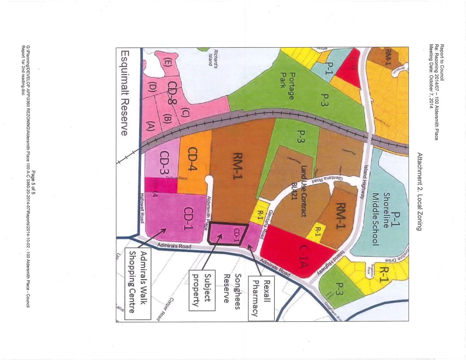 Local zoning map identifying the subject property and surrounding land use designations, including P-1 (Shoreline Middle School), P-3 (Portage Park), Land Use Contract BL421, and the Admirals Walk Shopping Centre.