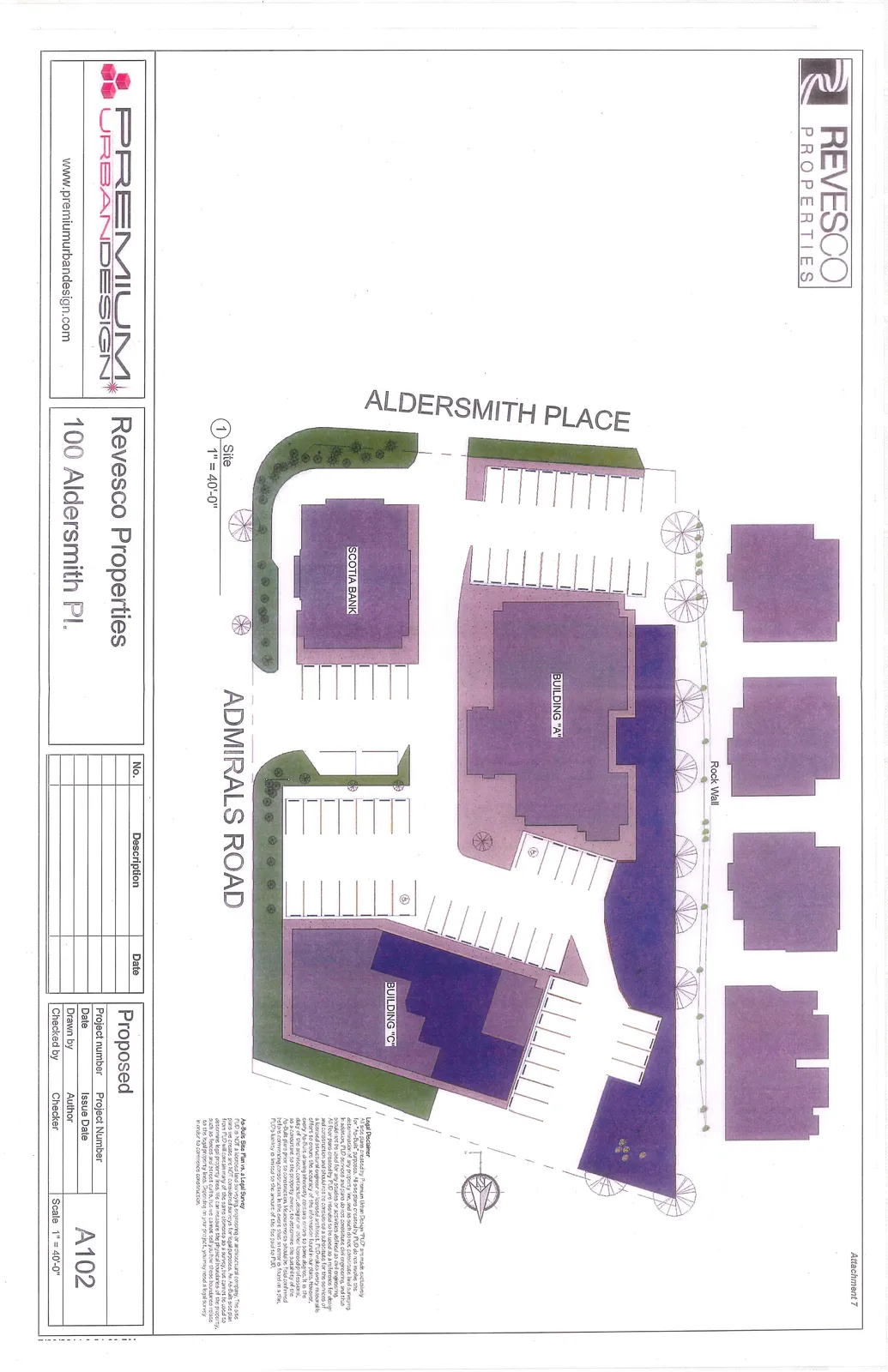 Proposed Site Plan diagram showing property boundaries, building layouts for Scotiabank, Building "A", and Building "C", and surrounding features like a rock wall.