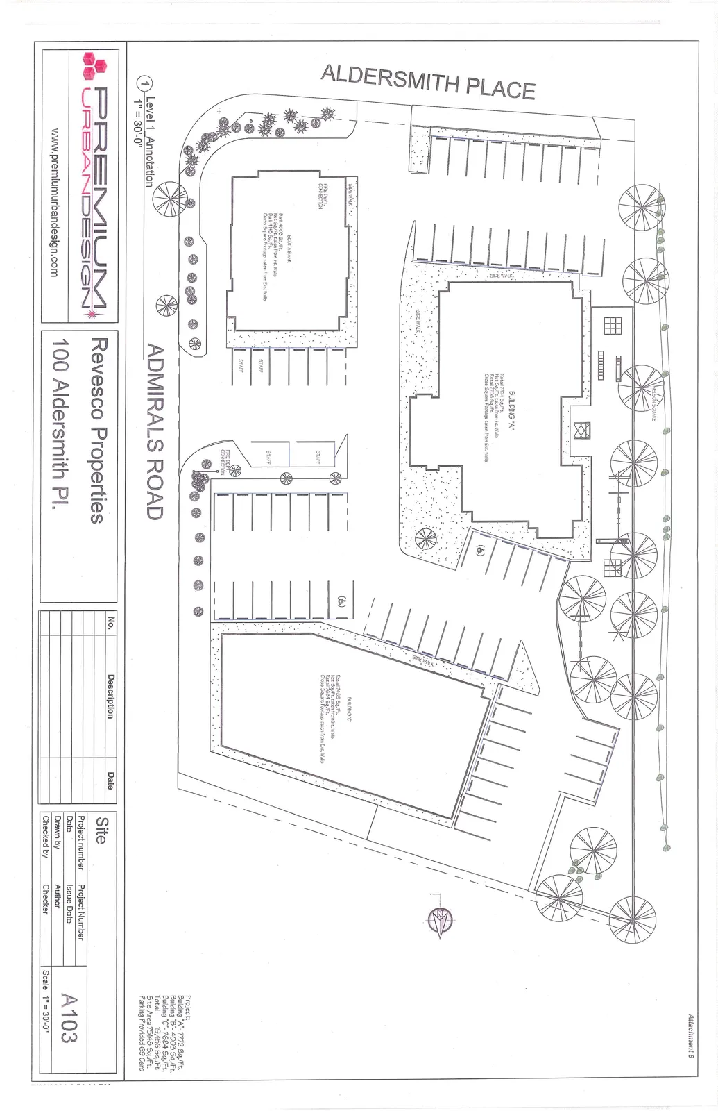 Detailed site plan annotation for Level 1, detailing building areas, parking, and landscaping.