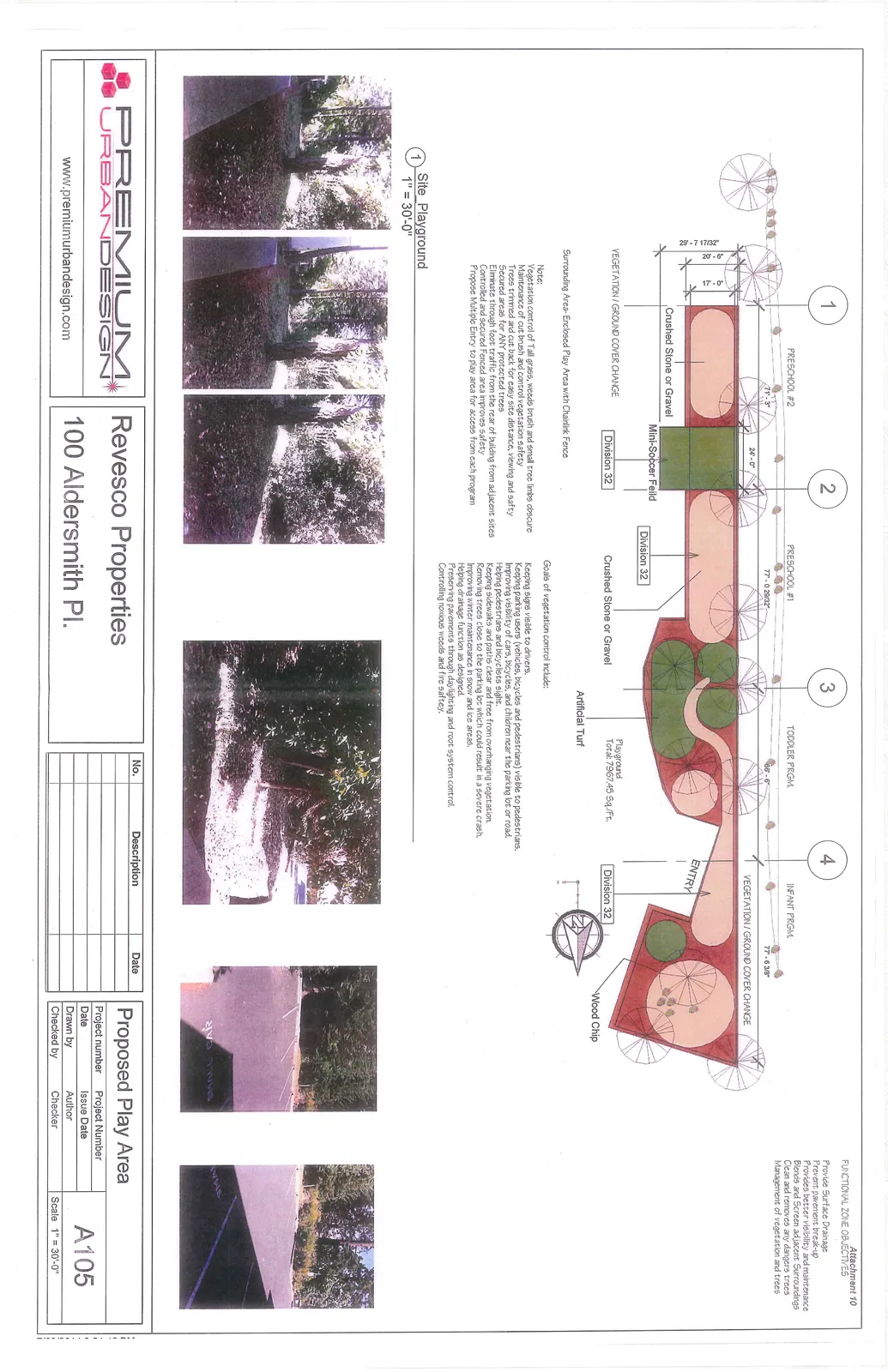 Plan view diagram of the play area showing four functional zones: Preschool #2, Mini-Soccer Field, Preschool #1, Toddler PRGM, and Infant PRGM with dimensions.