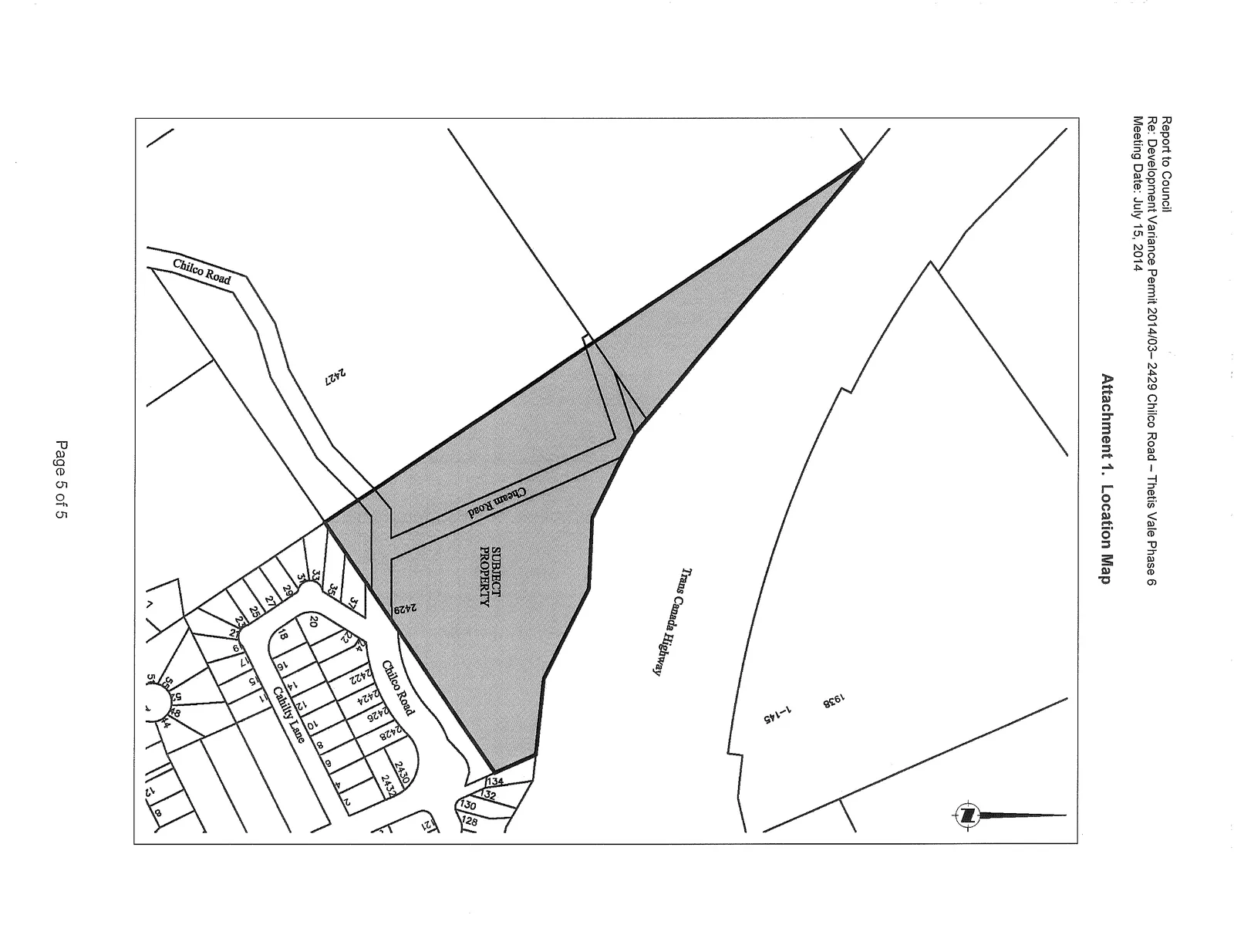 Location Map showing the subject property at 2429 Chilco Road, bordered by the Trans Canada Highway, Cheam Road, and residential lots on Chilco Road and Cahilty Lane.