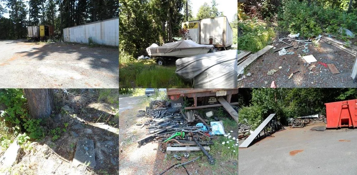 Figure 3. Rear of Property (June 2014) collage including photos of shipping containers, boat on trailer, debris, tires, and mechanical parts