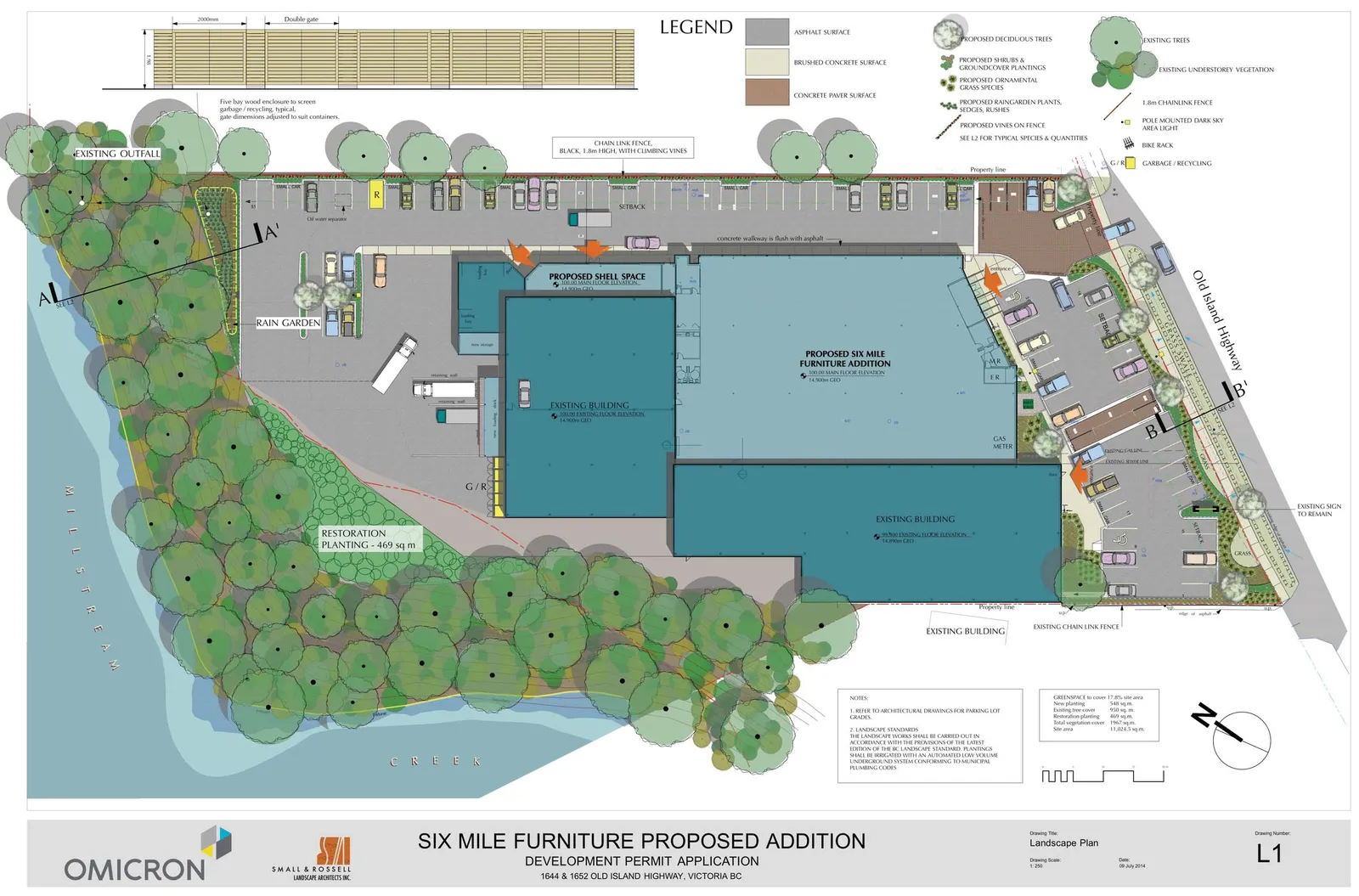 Detailed Landscape Plan diagram showing proposed and existing vegetation, parking, and building footprint