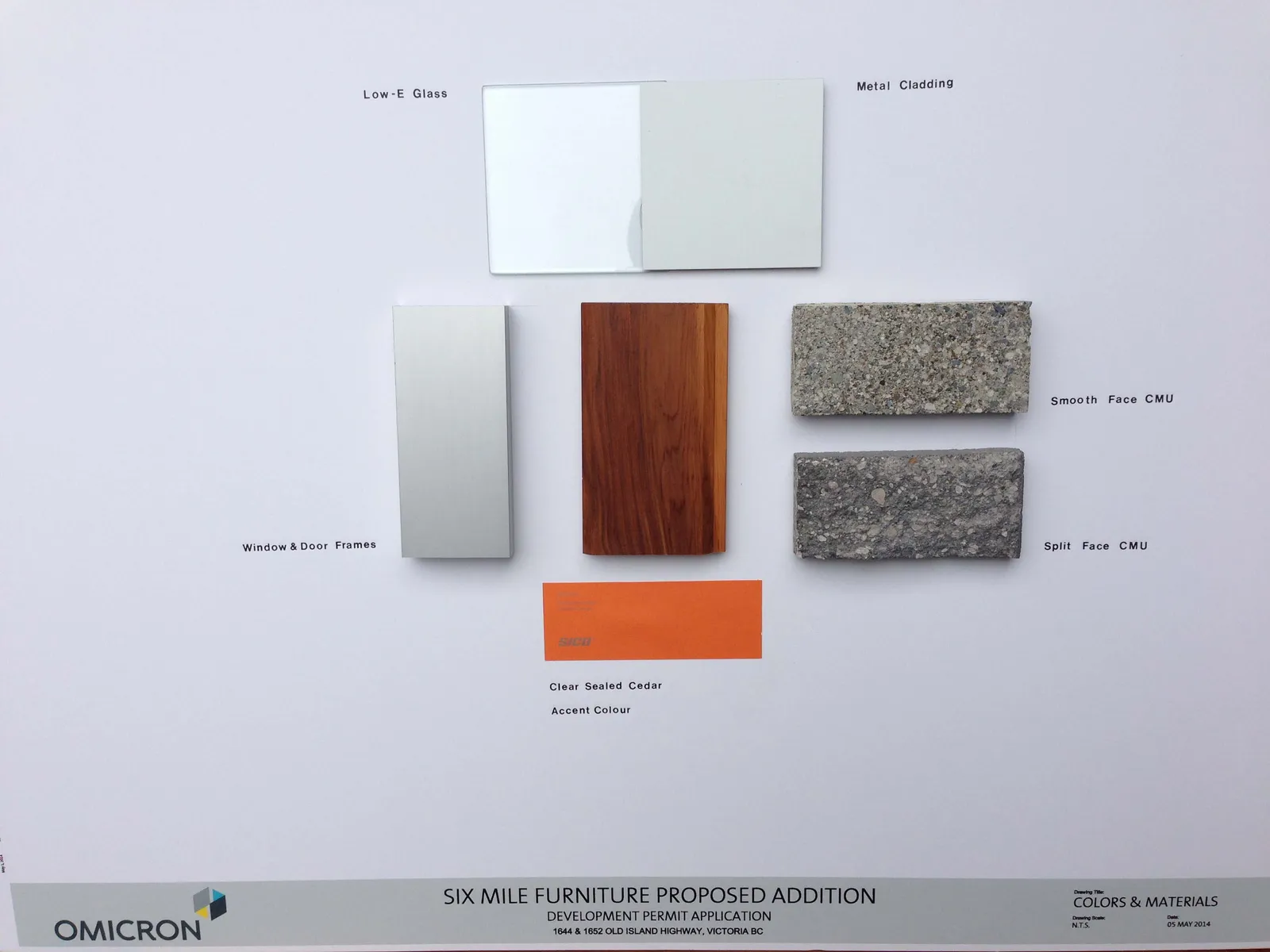 Colors & Materials sample board showing Low-E Glass, Metal Cladding, Window & Door Frames, Clear Sealed Cedar, Accent Colour (Orange), Smooth Face CMU, and Split Face CMU