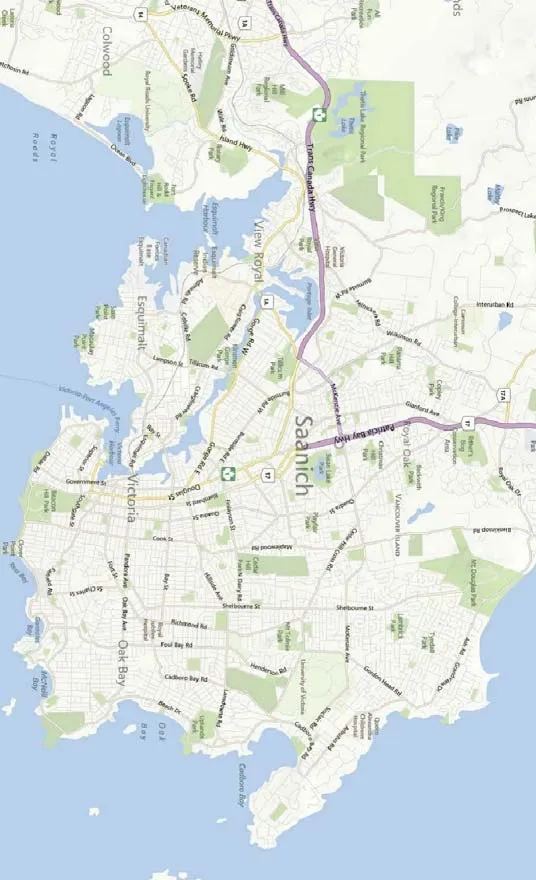 Regional location map of Victoria, Saanich, and View Royal
