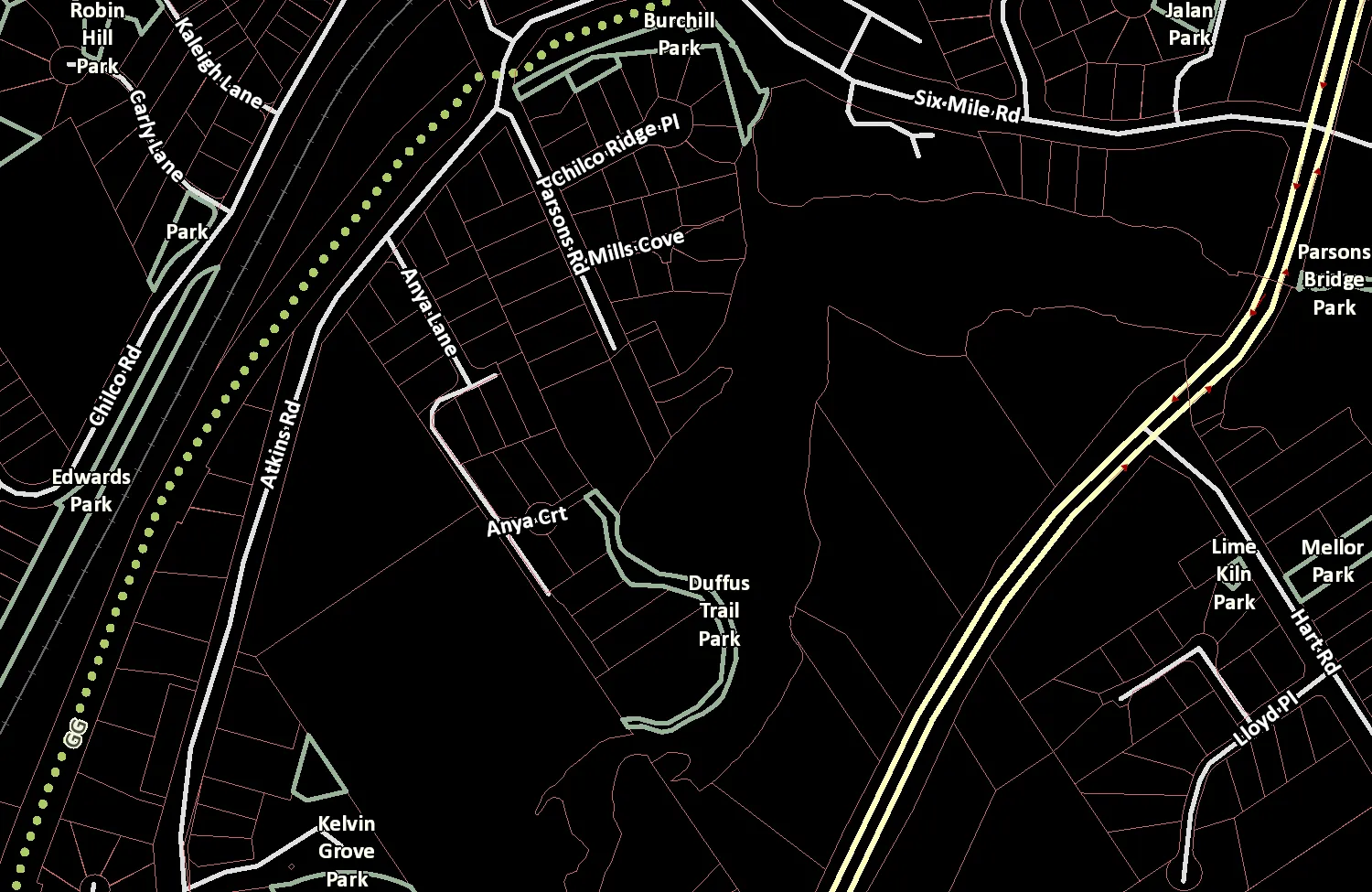 Map showing property parcel boundaries and park locations near Millstream Creek.