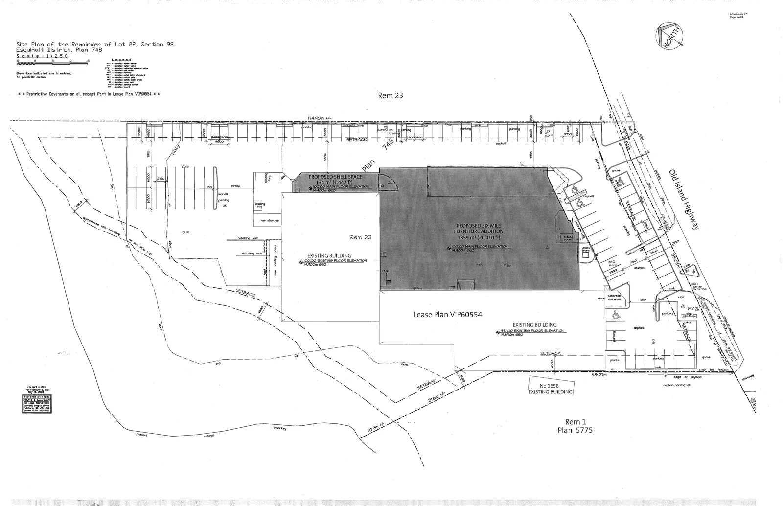 Detailed Site Plan of the Remainder of Lot 22, Section 98, Esquimalt District, Plan 748, showing existing and proposed buildings, parking areas, and setbacks.